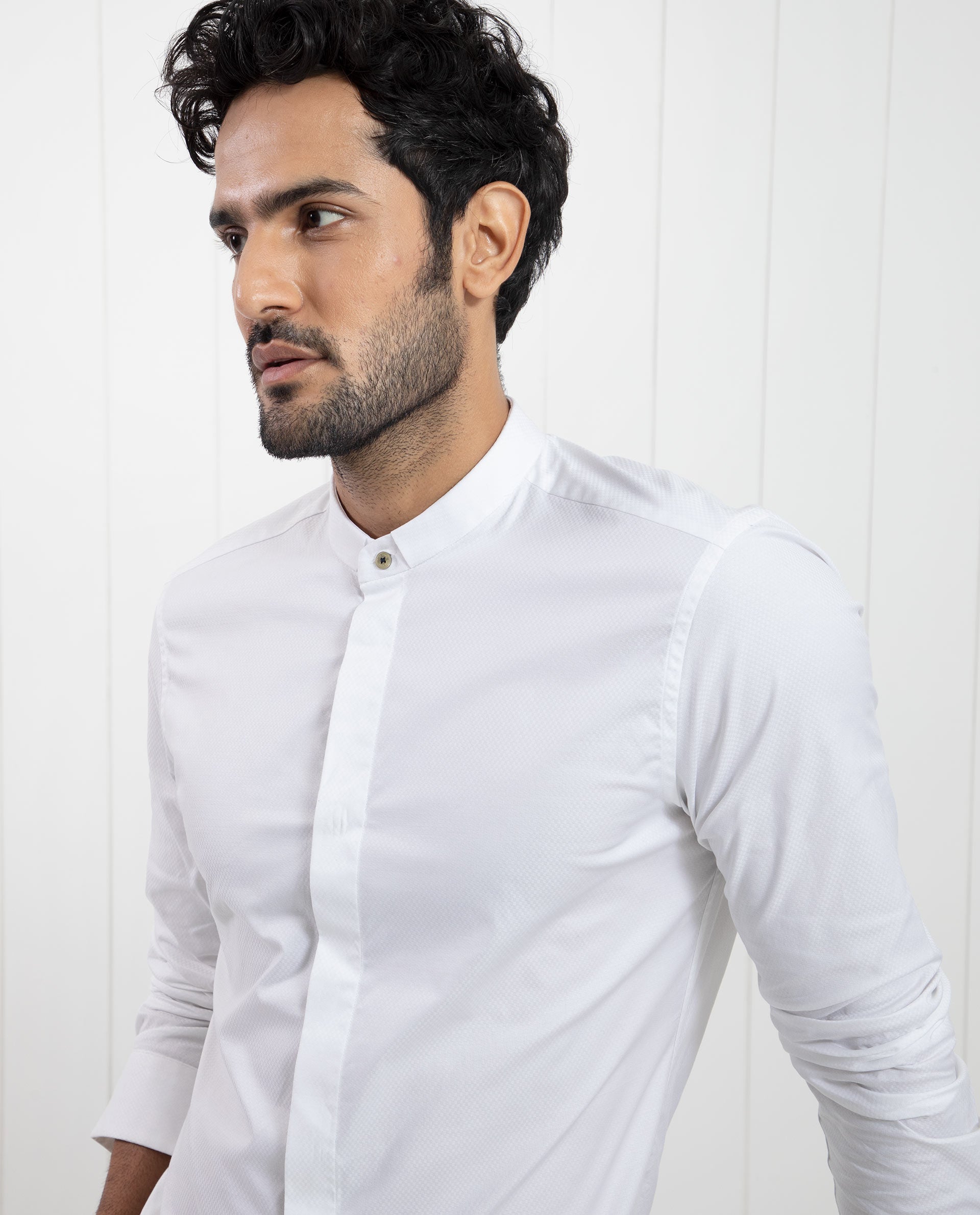 Rare Rabbit Men's Pristina White Cotton Fabric Mandarin Collar Full Sleeves Solid Shirt