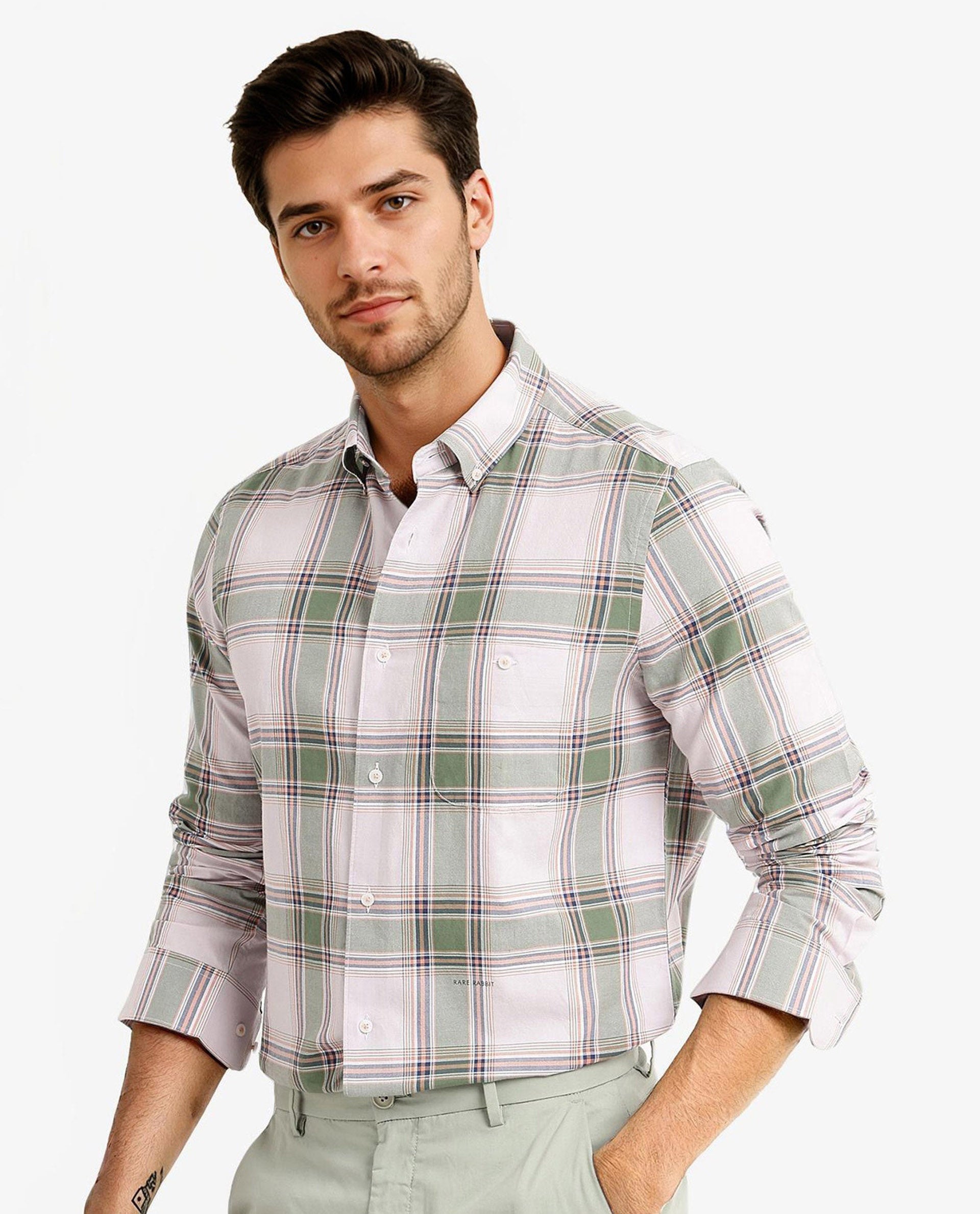 Rare Rabbit Men Malpy Pink Full Sleeve Collared Neck Button Closure Regular Fit Checks Shirt