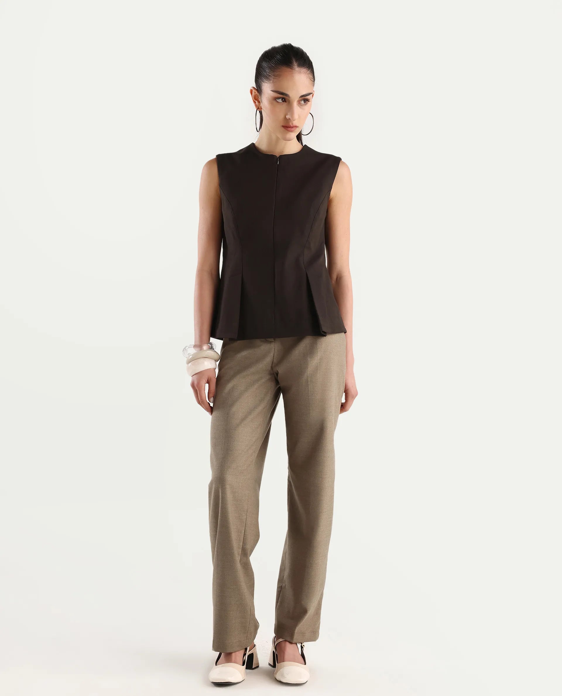 Rareism Women's Mals Beige Polyester Blend Plain Ankle Length Tapered Trouser