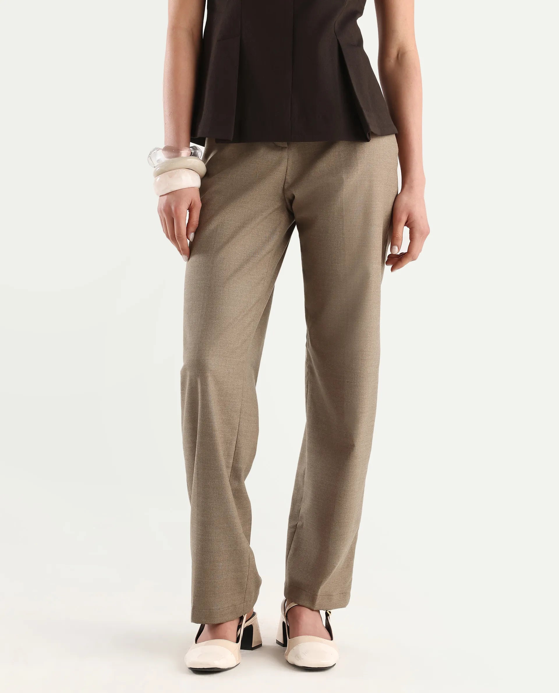 Rareism Women's Mals Beige Polyester Blend Plain Ankle Length Tapered Trouser