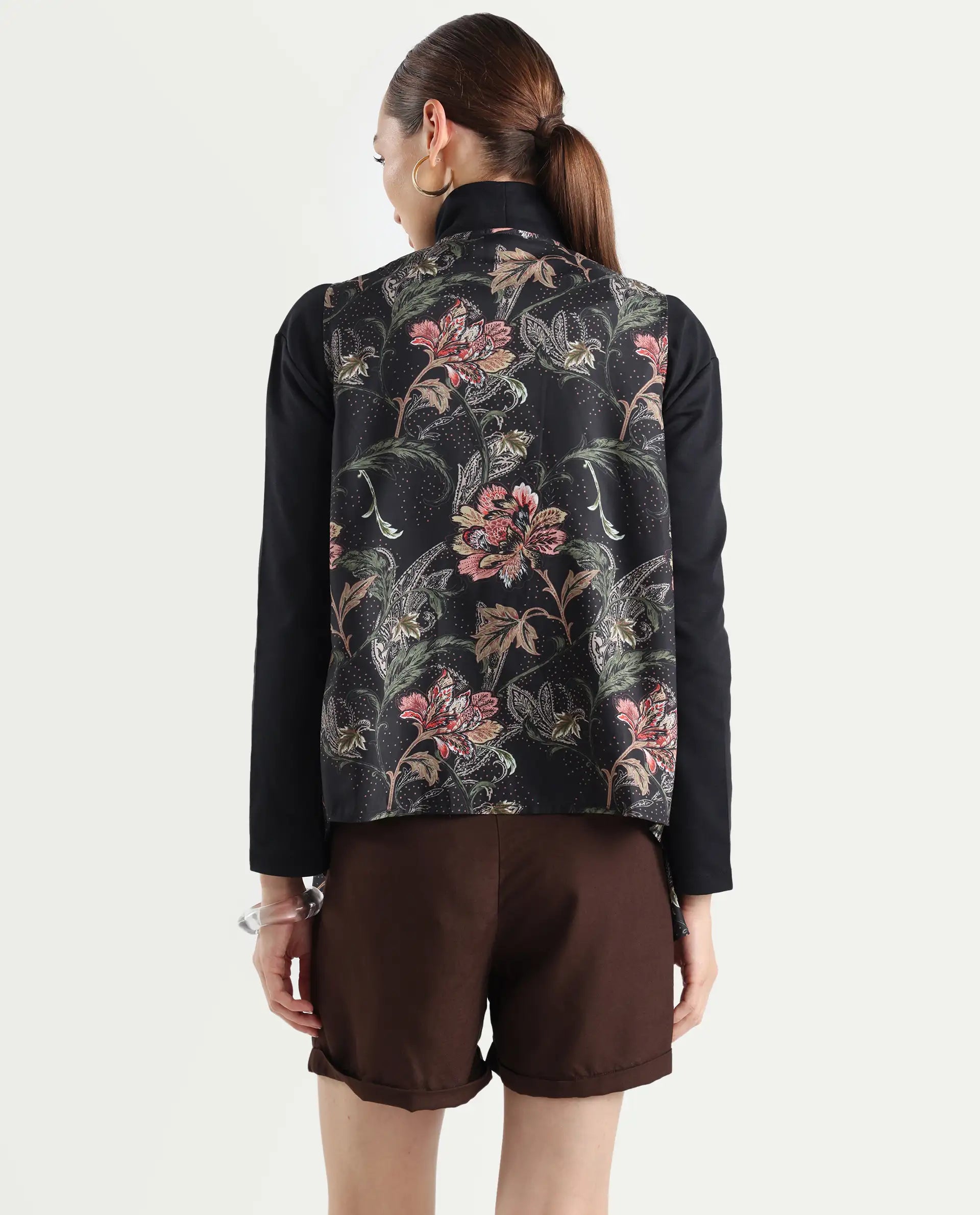 Rareism Women's Manam Multi Polyester Blend Collarless Tropical Print Sleeveless Relaxed Fit Shrug