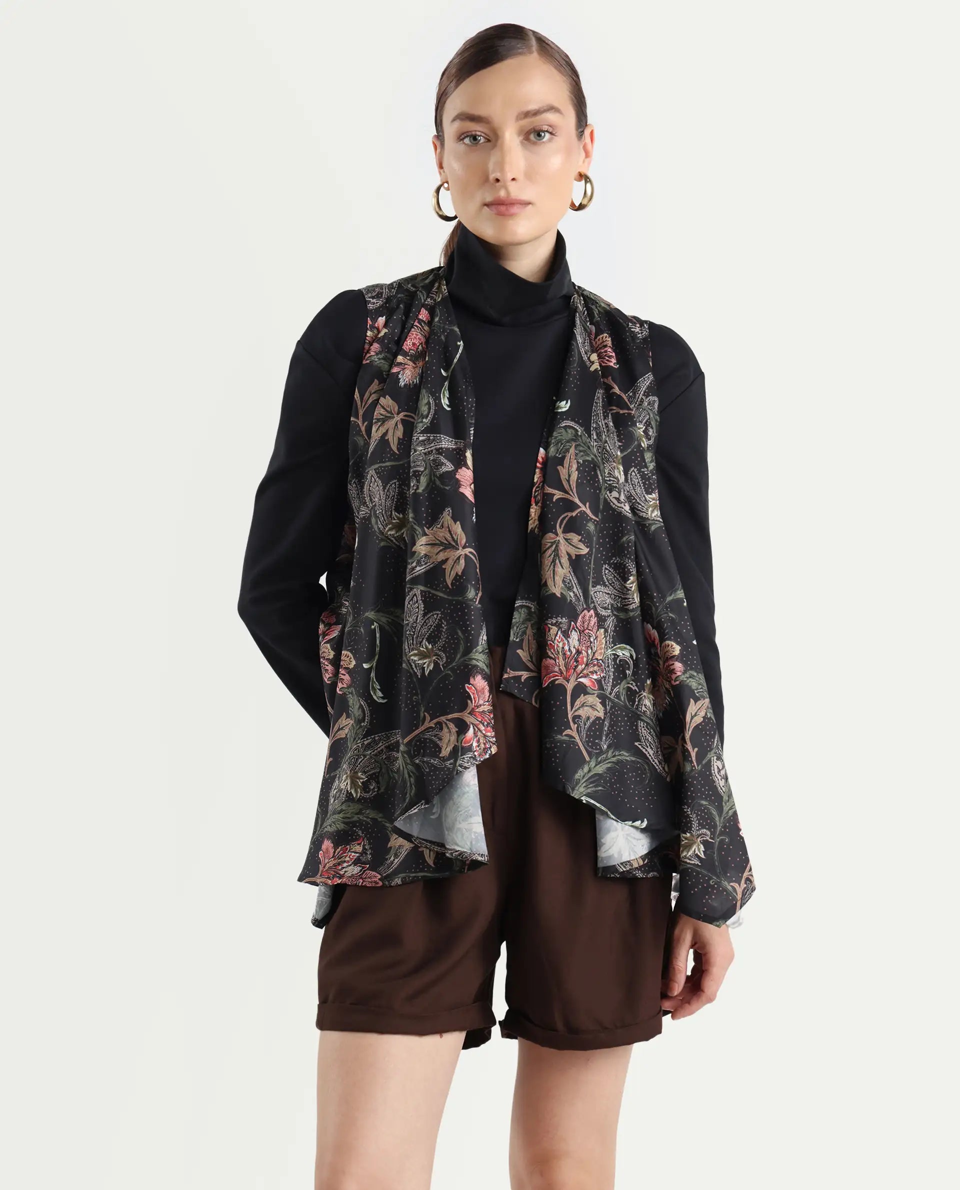 Rareism Women's Manam Multi Polyester Blend Collarless Tropical Print Sleeveless Relaxed Fit Shrug