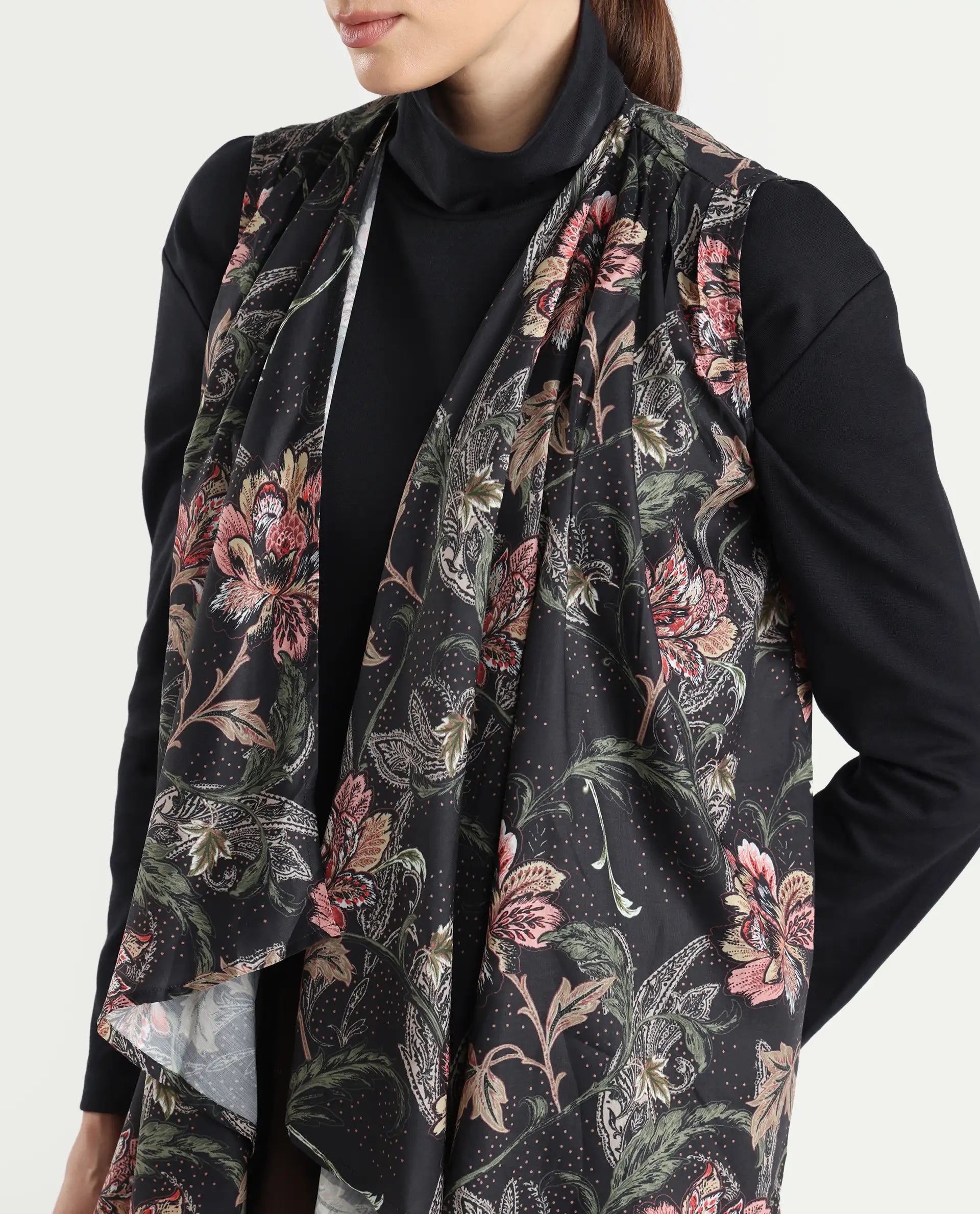 Rareism Women's Manam Multi Polyester Blend Collarless Tropical Print Sleeveless Relaxed Fit Shrug