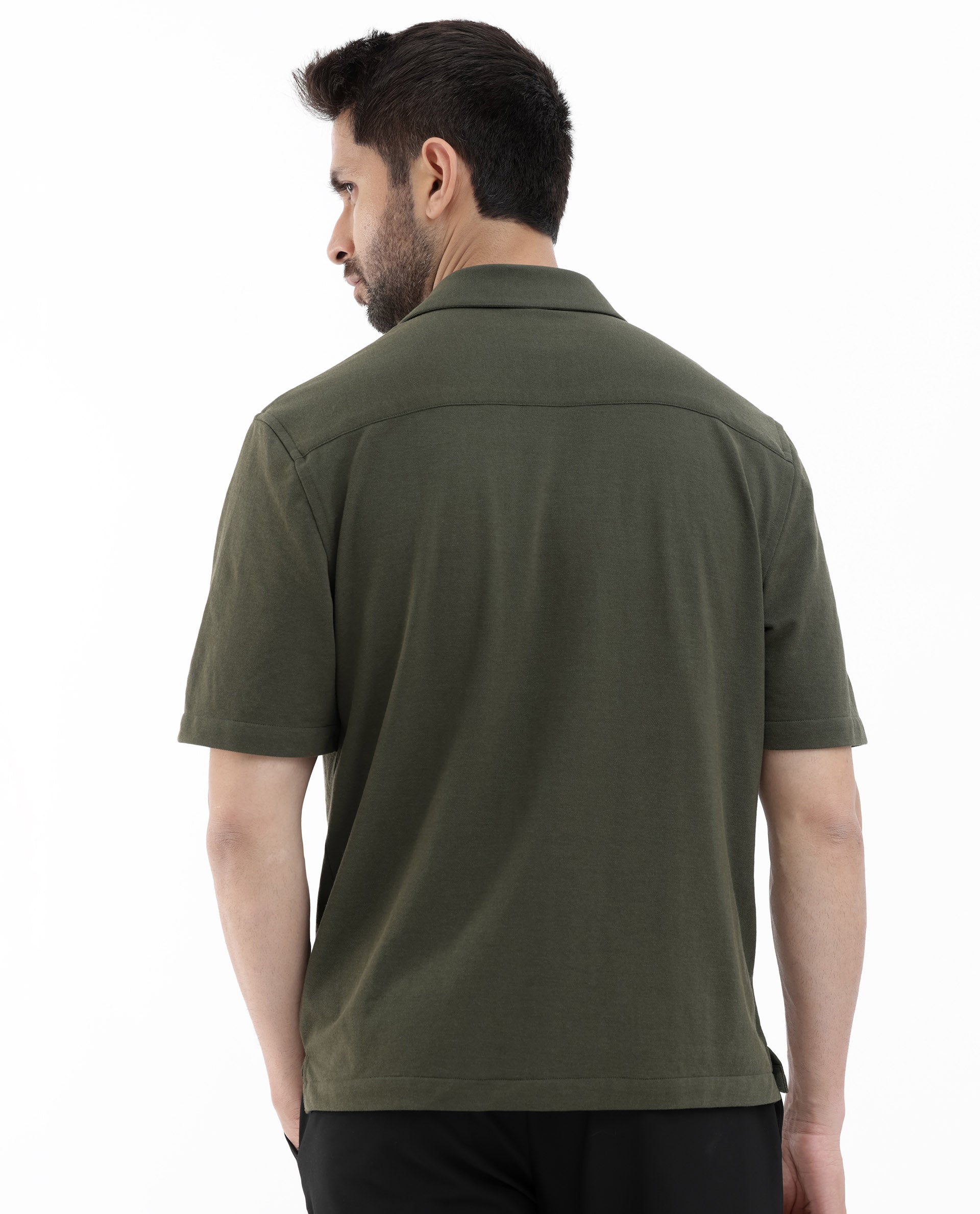 Rare Rabbit Men's Manga Olive Cotton Polyester Fabric Blend Cuban Collar Half Sleeves Boxy Fit Solid Knitted Shirt