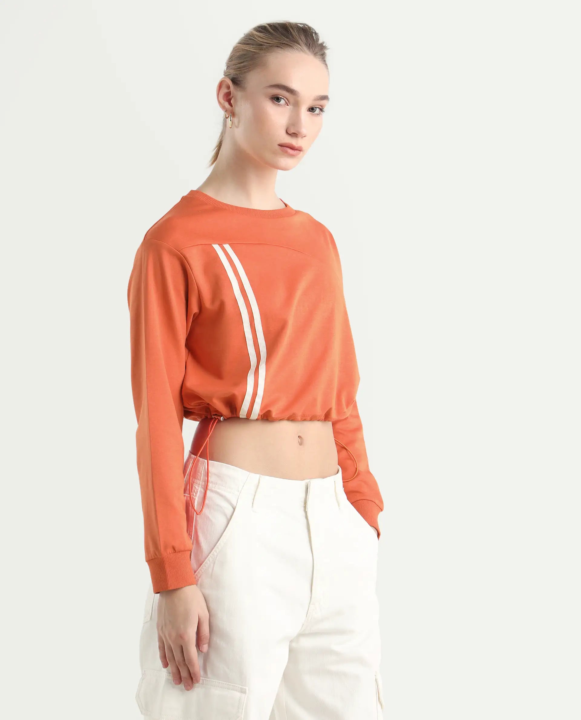 Rareism Women's Maple Dark Orange Cotton Blend Crew Neck Plain Crop Relaxed Fit Sweatshirt