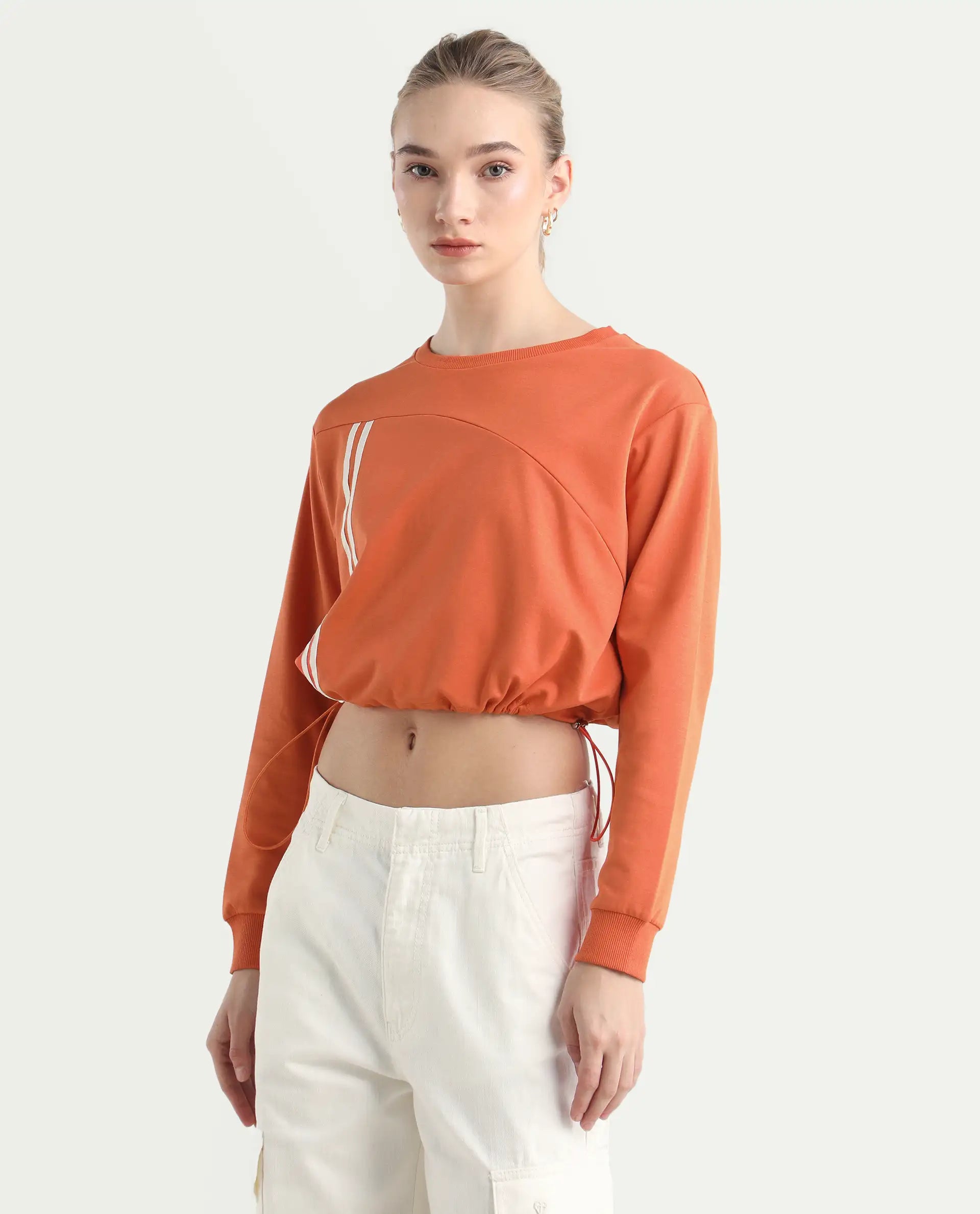 Rareism Women's Maple Dark Orange Cotton Blend Crew Neck Plain Crop Relaxed Fit Sweatshirt