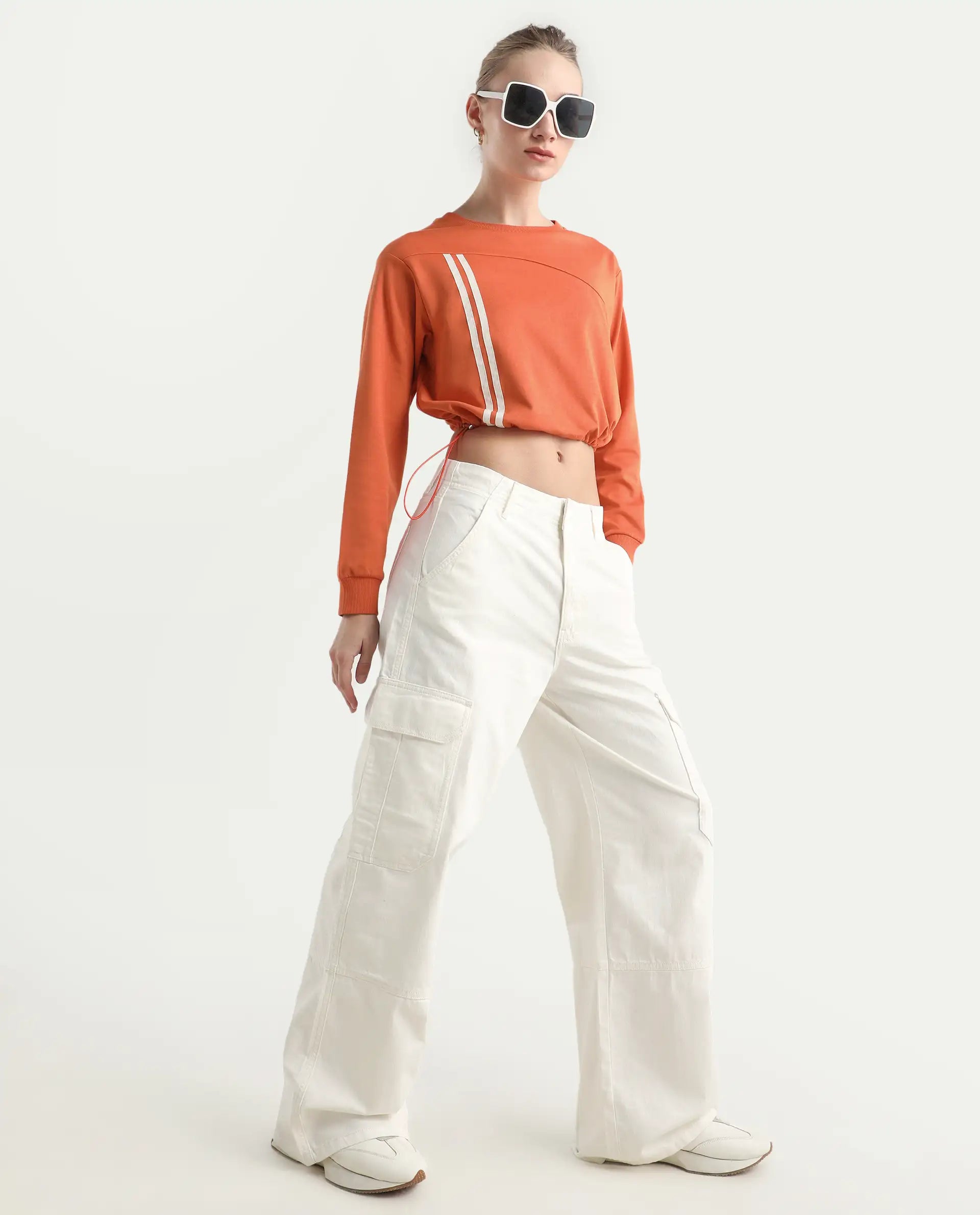 Rareism Women's Maple Dark Orange Cotton Blend Crew Neck Plain Crop Relaxed Fit Sweatshirt