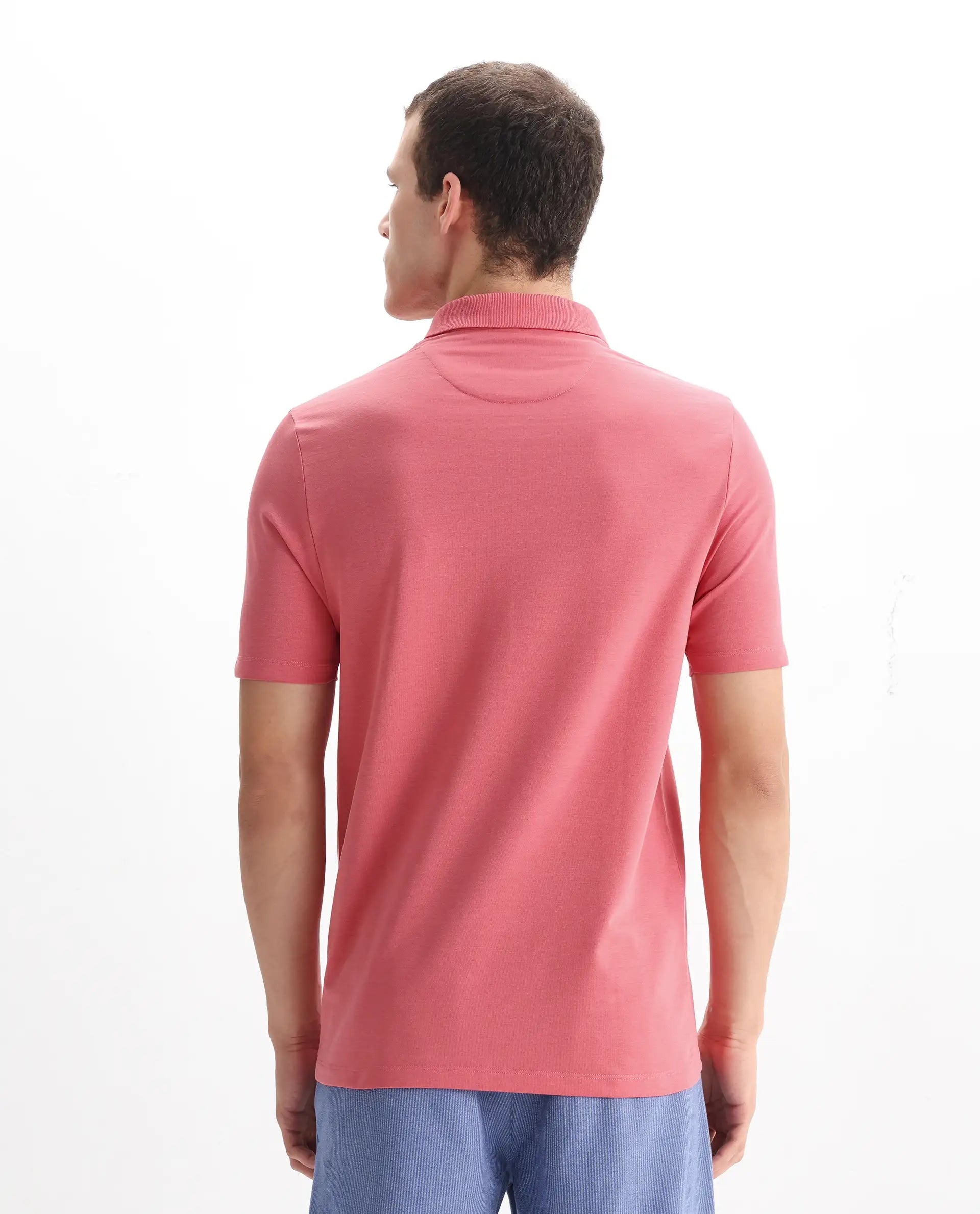 Rare Rabbit Men's Maq Pink Cotton Plain Regular Fit Half Sleeve Polo