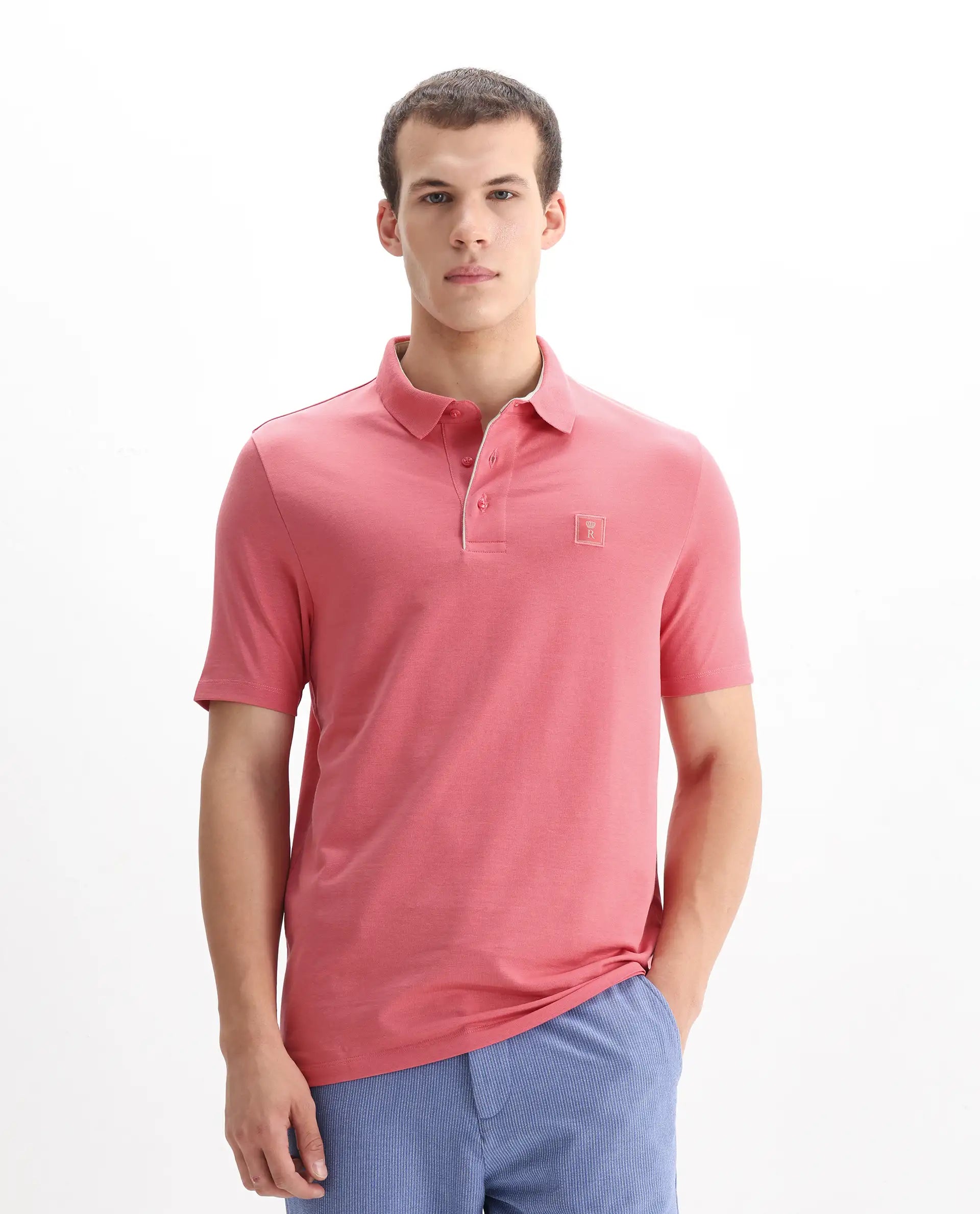 Rare Rabbit Men's Maq Pink Cotton Plain Regular Fit Half Sleeve Polo