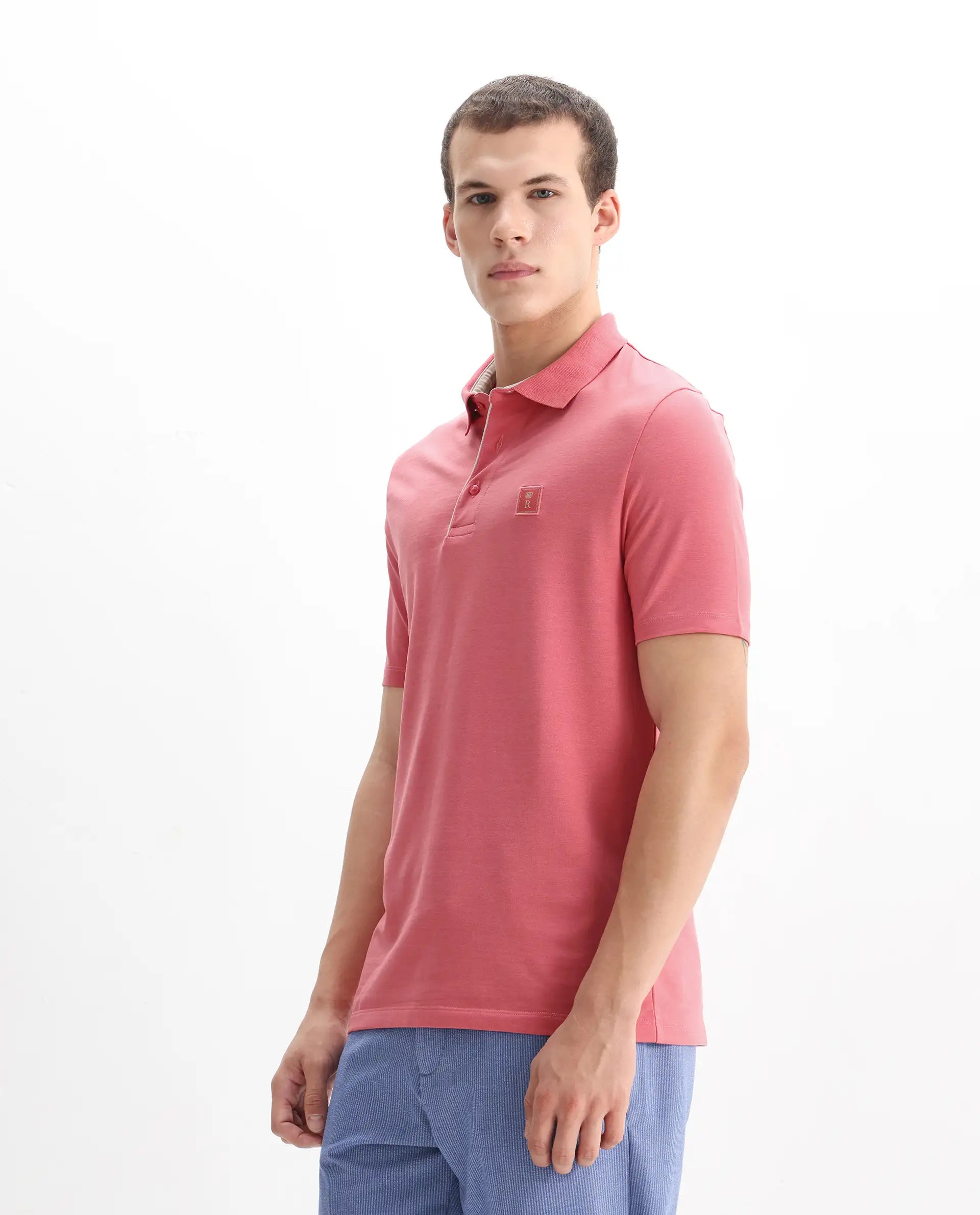Rare Rabbit Men's Maq Pink Cotton Plain Regular Fit Half Sleeve Polo