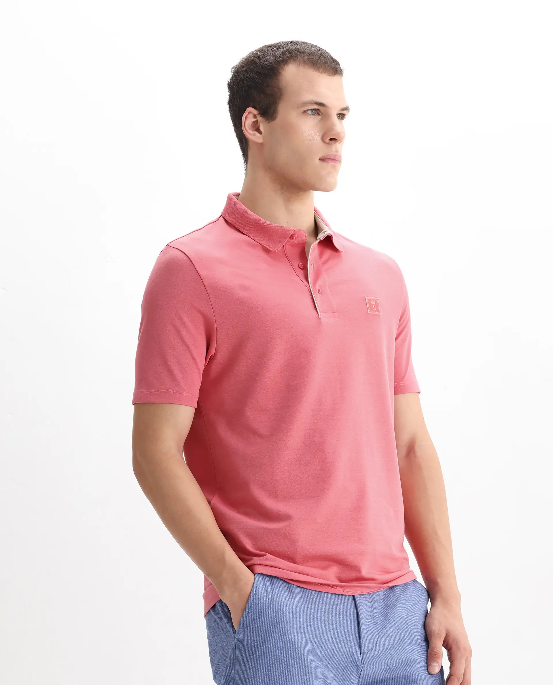 Rare Rabbit Men's Maq Pink Cotton Plain Regular Fit Half Sleeve Polo