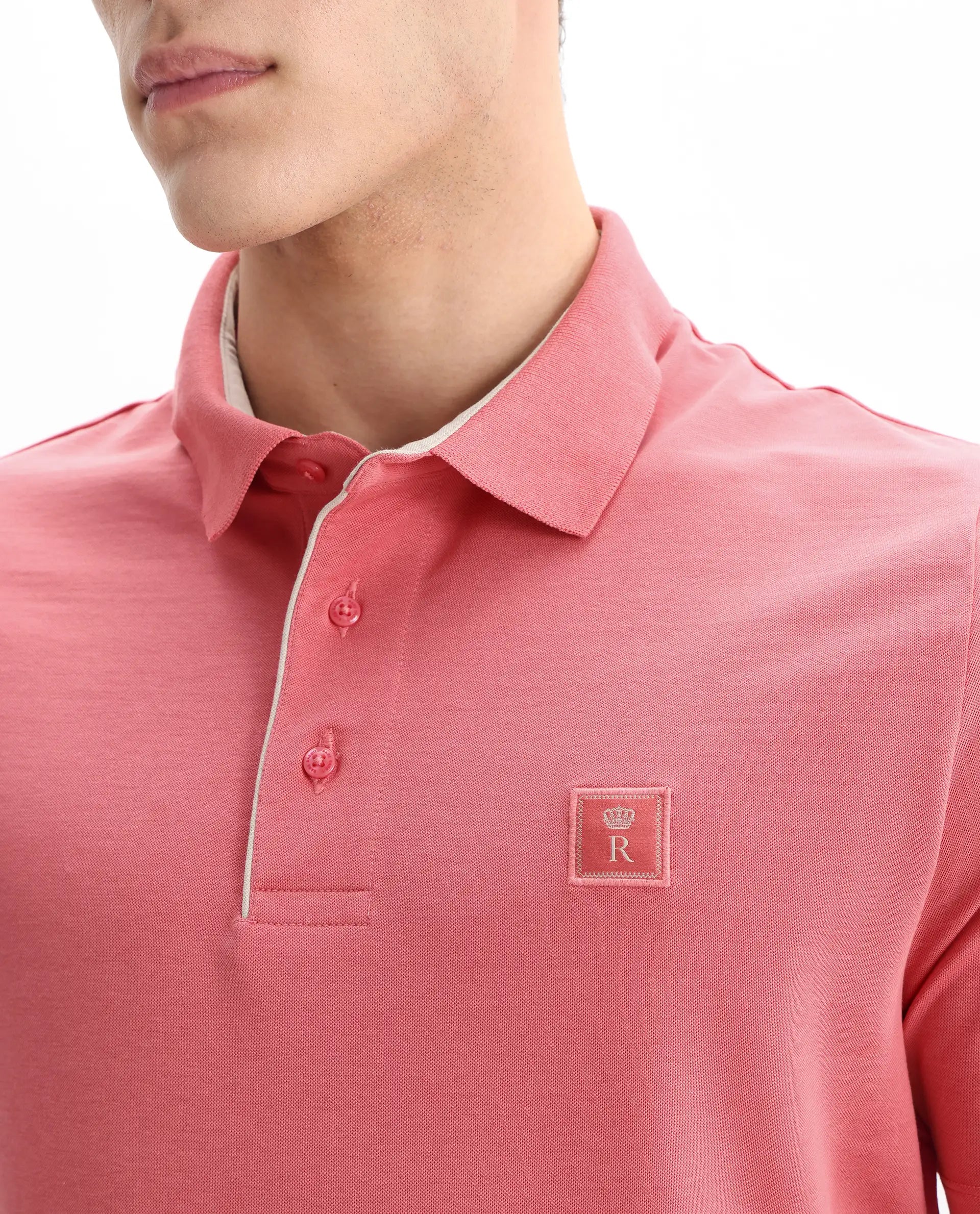 Rare Rabbit Men's Maq Pink Cotton Plain Regular Fit Half Sleeve Polo