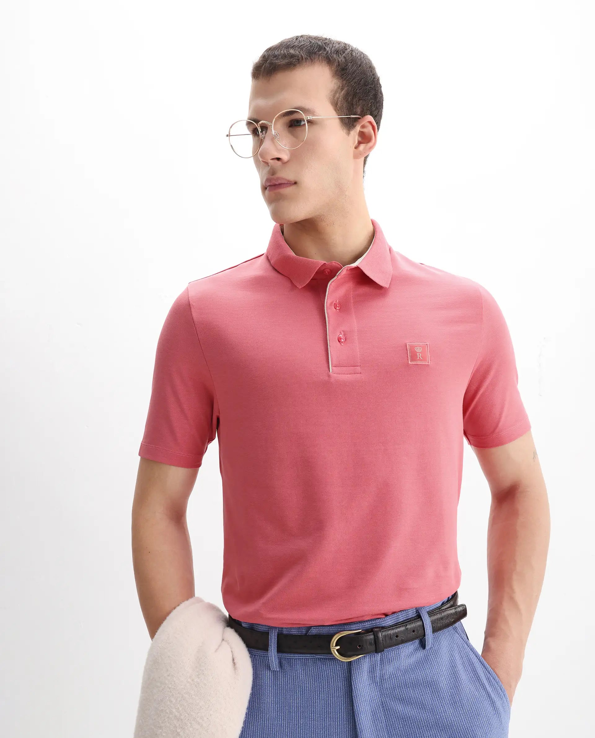 Rare Rabbit Men's Maq Pink Cotton Plain Regular Fit Half Sleeve Polo