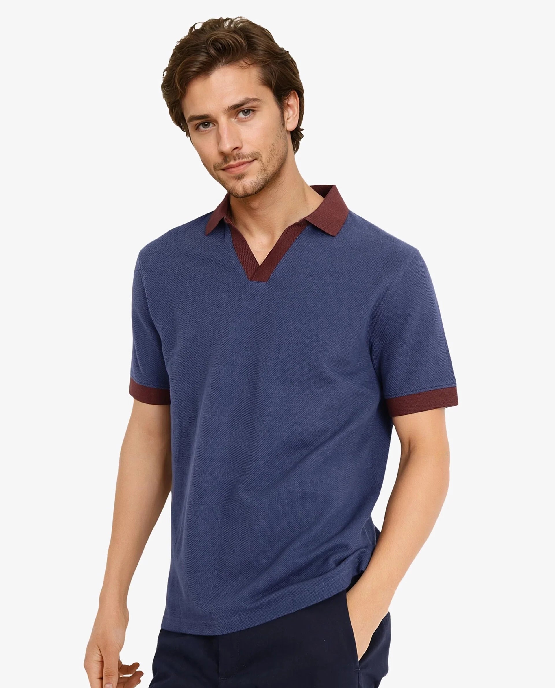 Rare Rabbit Men's Marcelo-1 Blue Cotton Blend Fabric Short Sleeve Collared Neck Plain Polo