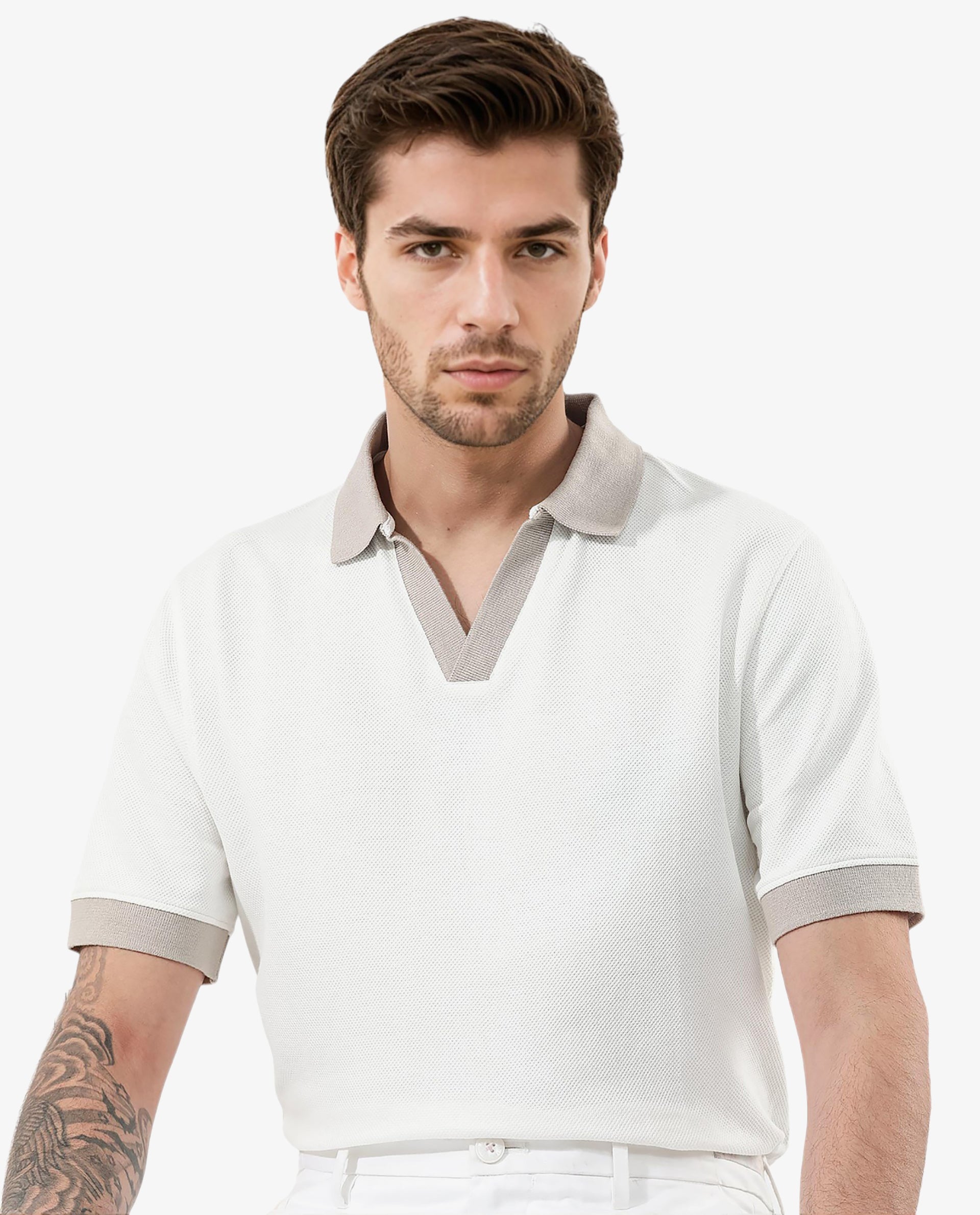 Rare Rabbit Mens Marcelo Off White Cotton Fabric Contrasting Johnny Collar Short Sleeve Solid Polo T-Shirt