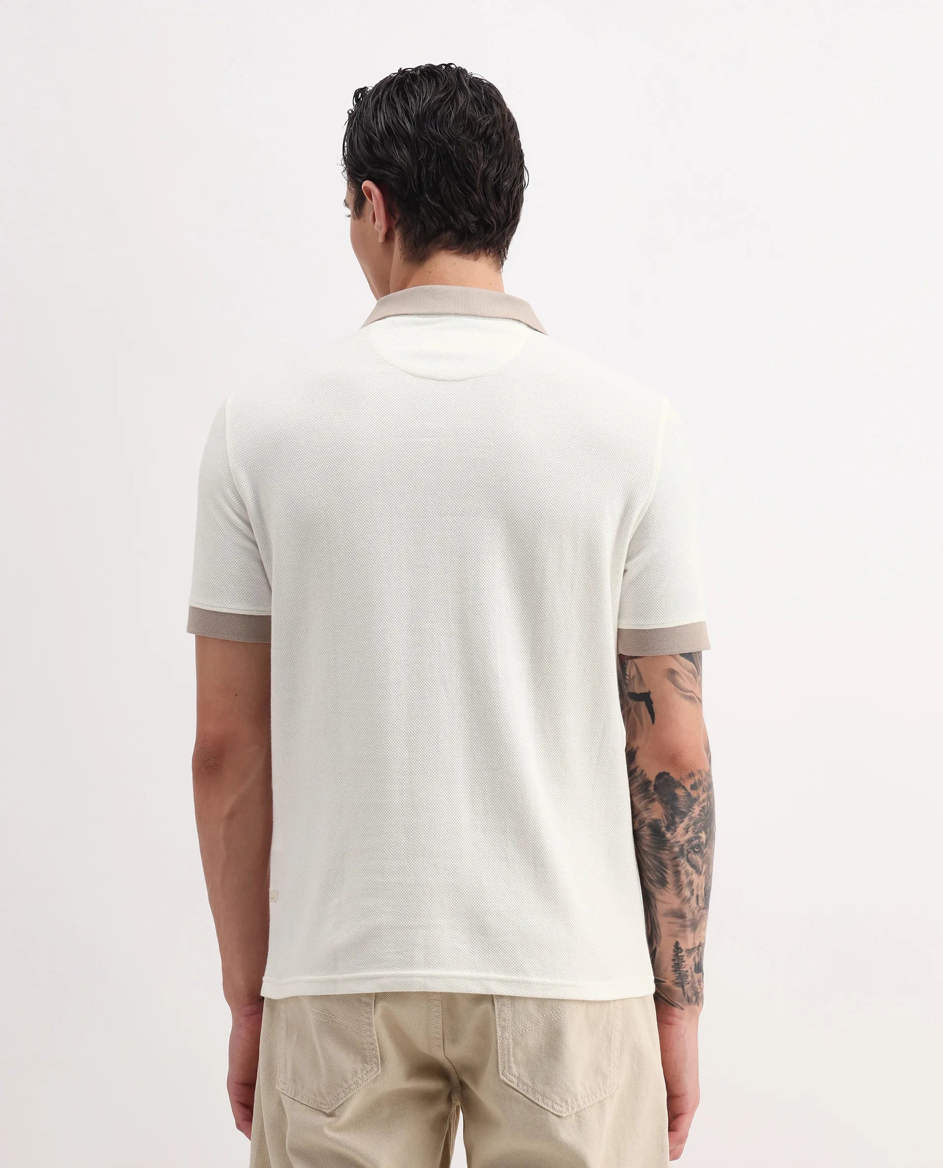 Rare Rabbit Men's Marcelo-1 Off White Cotton Blend Plain Regular Fit Half Sleeve Polo