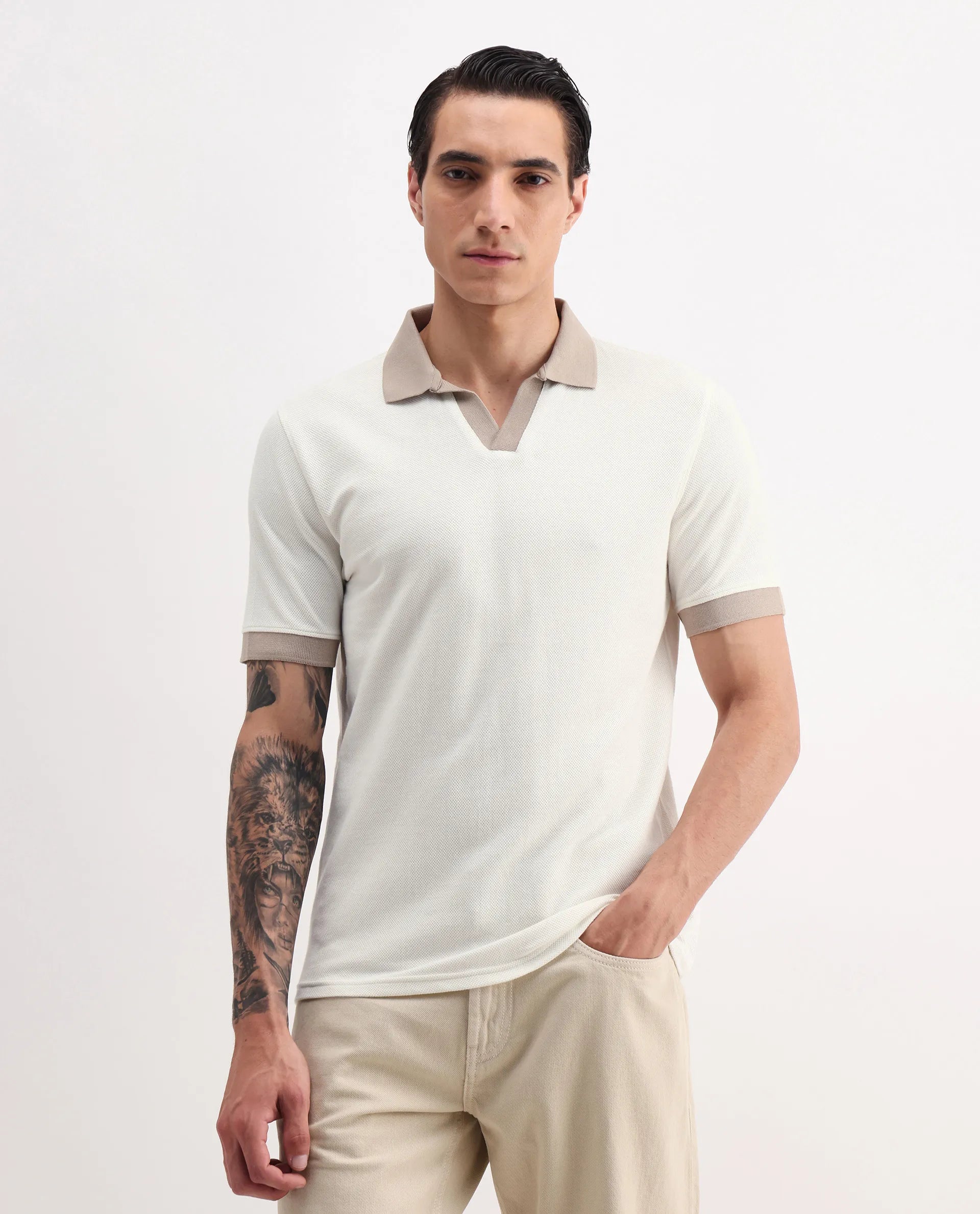 Rare Rabbit Men's Marcelo-1 Off White Cotton Blend Plain Regular Fit Half Sleeve Polo