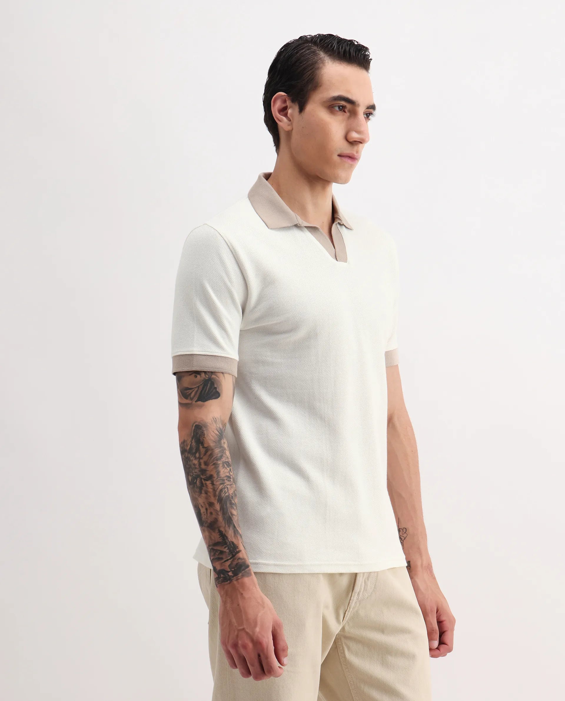 Rare Rabbit Men's Marcelo-1 Off White Cotton Blend Plain Regular Fit Half Sleeve Polo