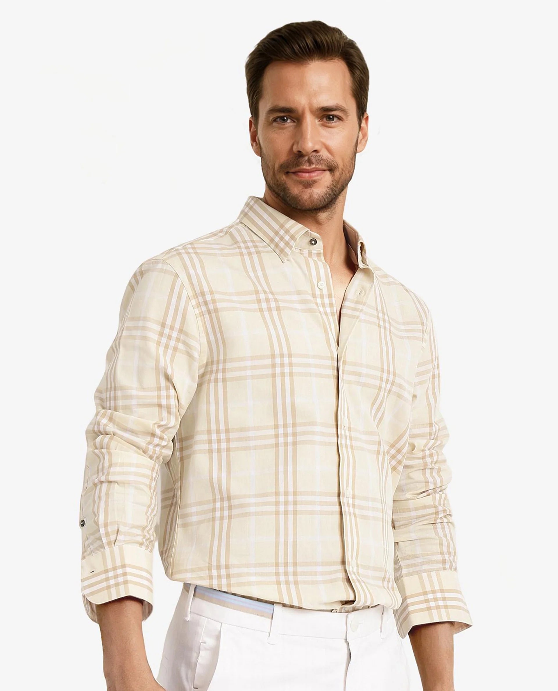 Rare Rabbit Men Maret Beige Cotton Fabric Full Sleeve Regular Fit Checks Shirt