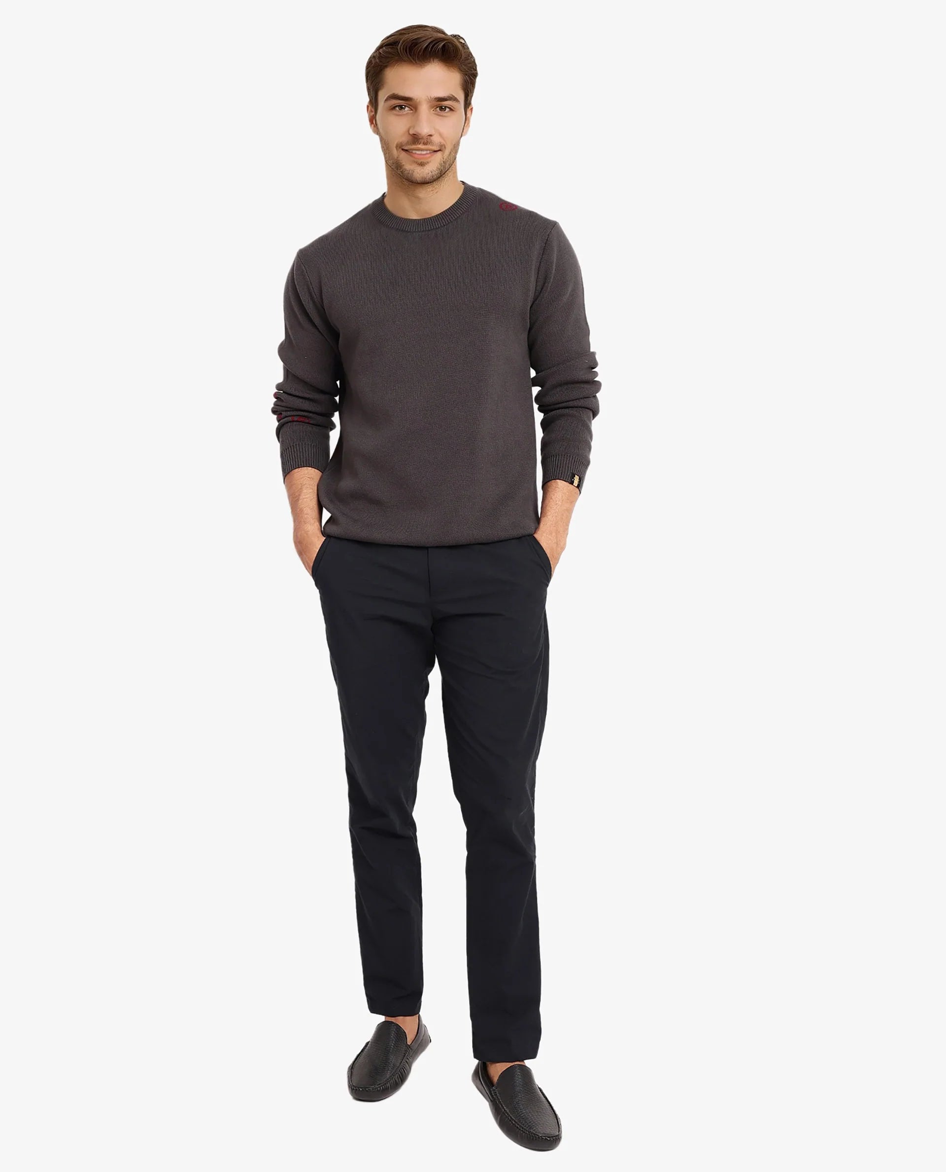 Rare Rabbit Men's Mario Dark Grey Cotton Fabric Cotton Fabric Full Sleeve Crew Neck Regular Fit Monogram Back Print Jacquard Textured Sweater