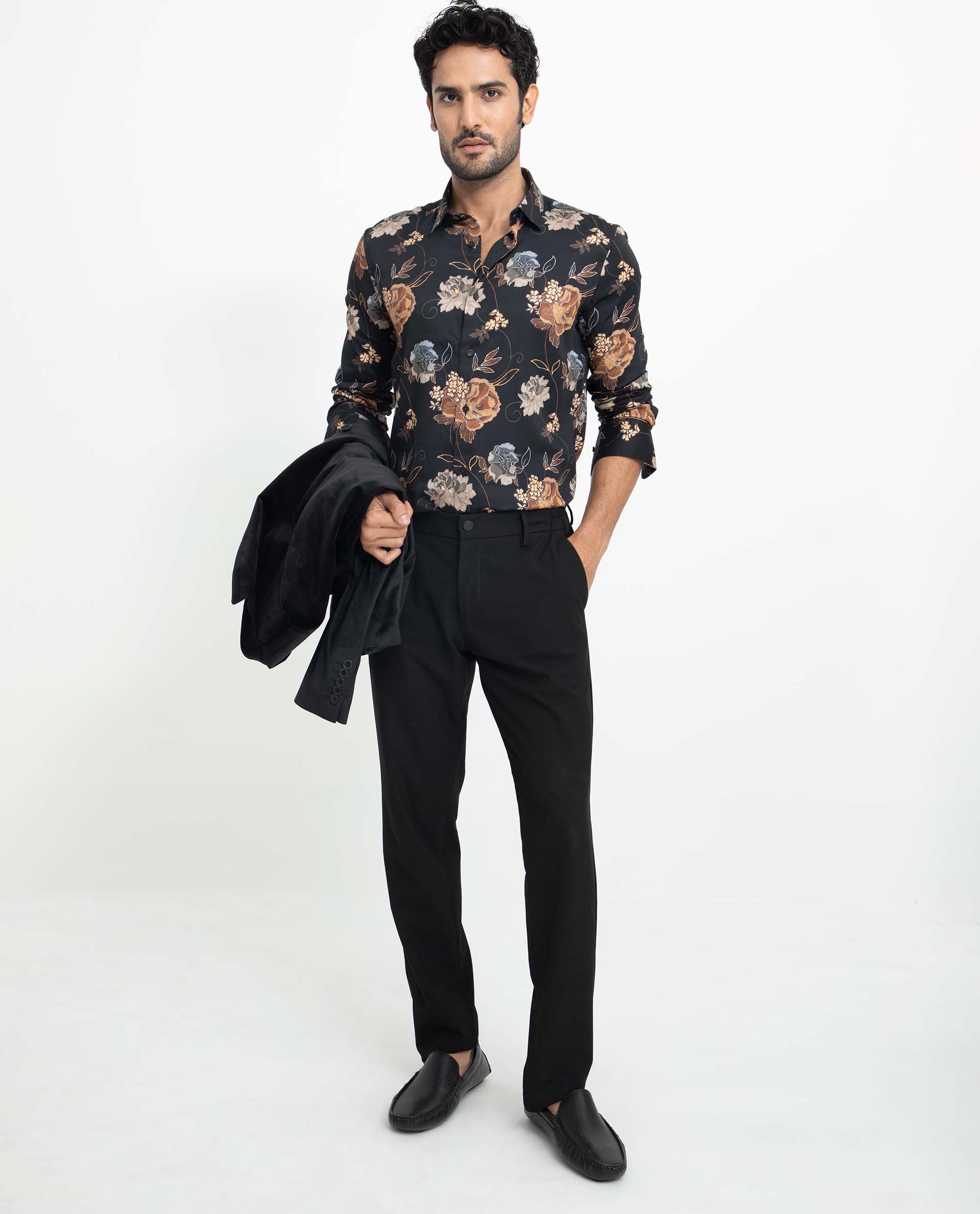 Rare Rabbit Men's Marne Black Cotton Viscose Fabric Floral Print Full Sleeves Shirt