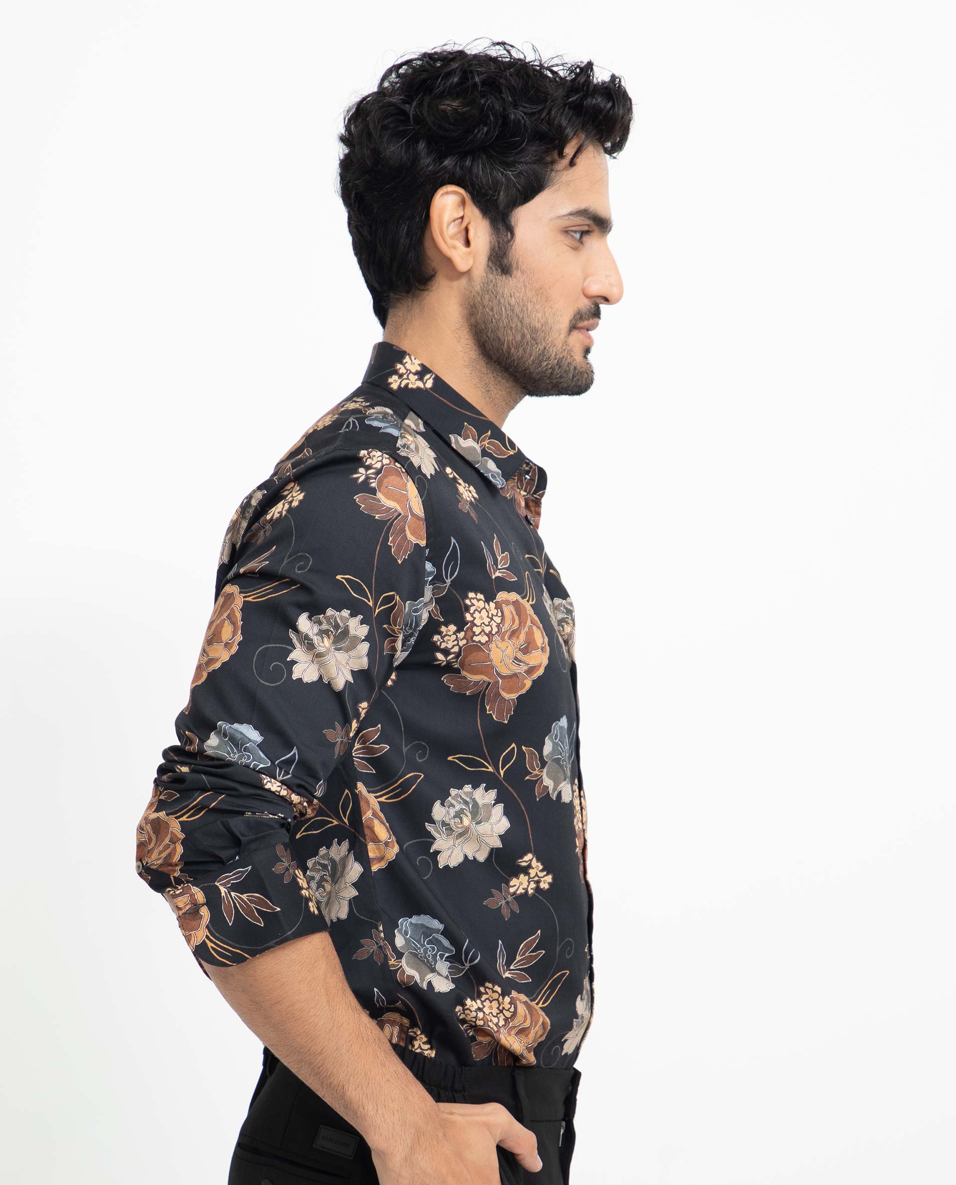 Rare Rabbit Men's Marne Black Cotton Viscose Fabric Floral Print Full Sleeves Shirt