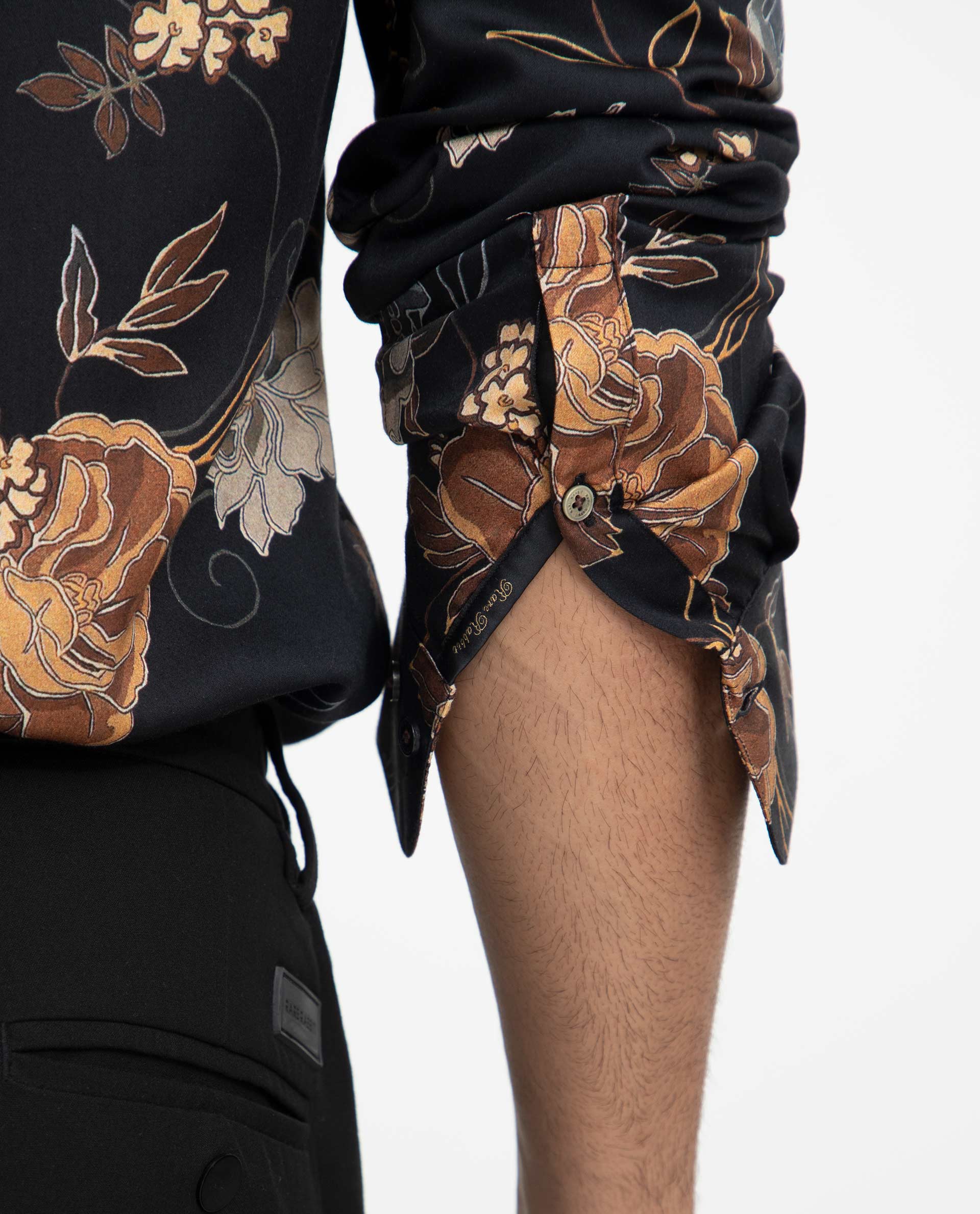 Rare Rabbit Men's Marne Black Cotton Viscose Fabric Floral Print Full Sleeves Shirt