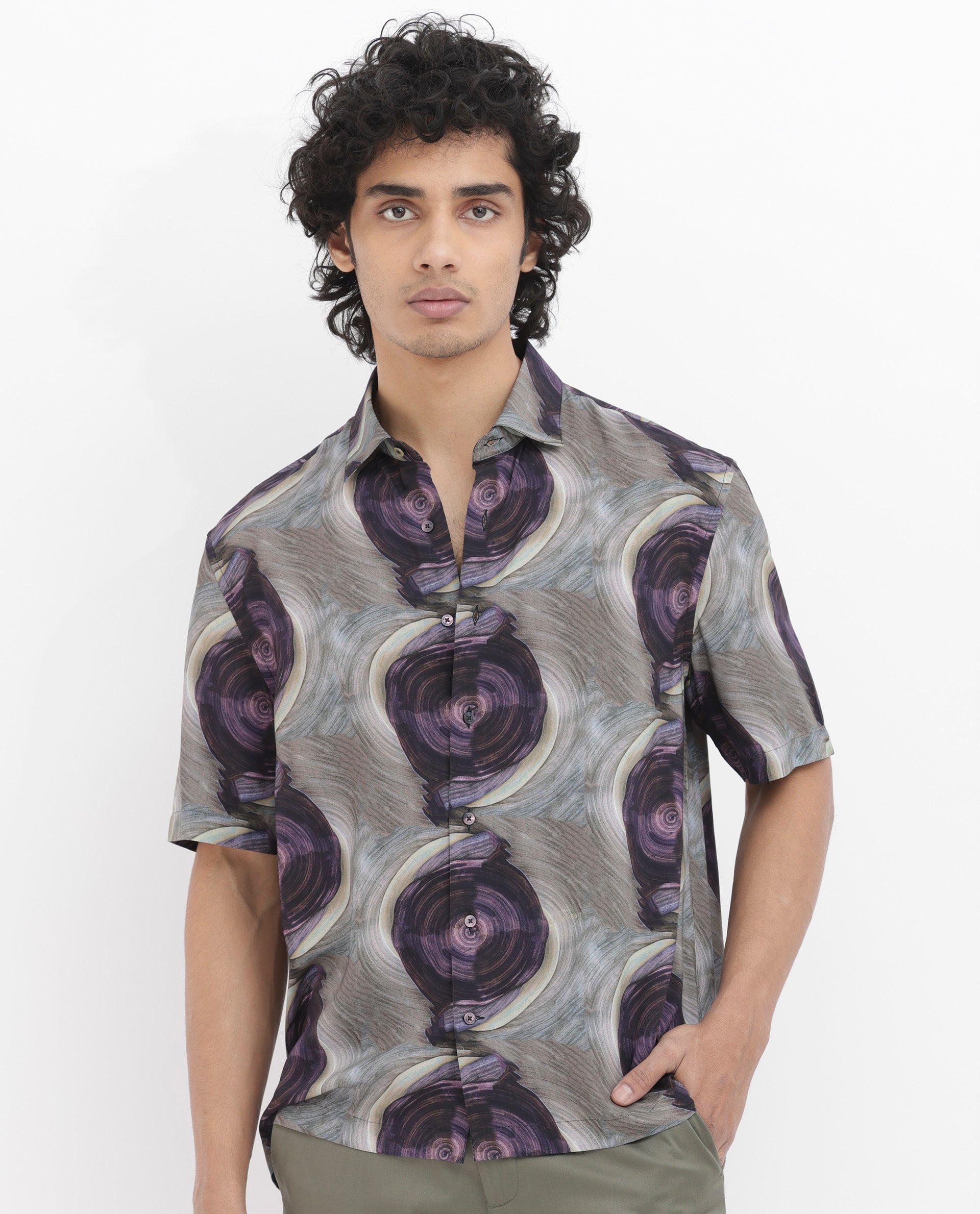 Rare Rabbit Men's Marock Dusky Olive Viscose Fabric Half Sleeves Boxy Fit Abstract Print Shirt