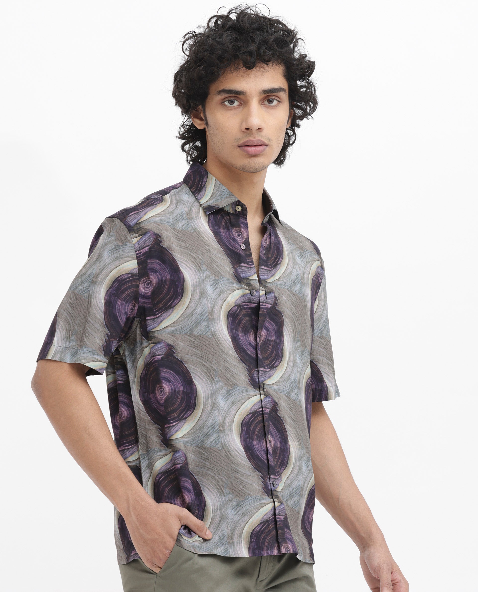 Rare Rabbit Men's Marock Dusky Olive Viscose Fabric Half Sleeves Boxy Fit Abstract Print Shirt