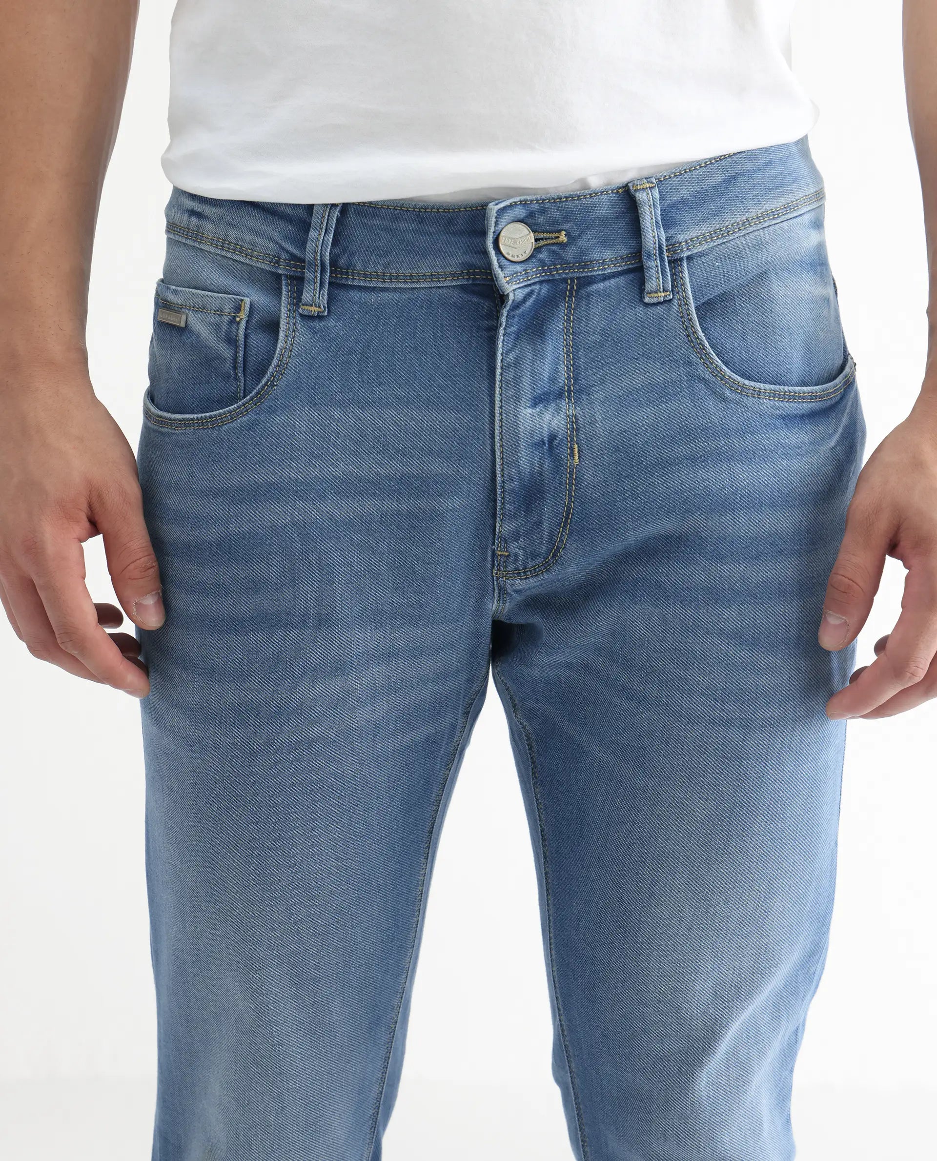 Rare Rabbit Men's Marset Light Blue Cotton Plain Hawk Slim Fit Jeans