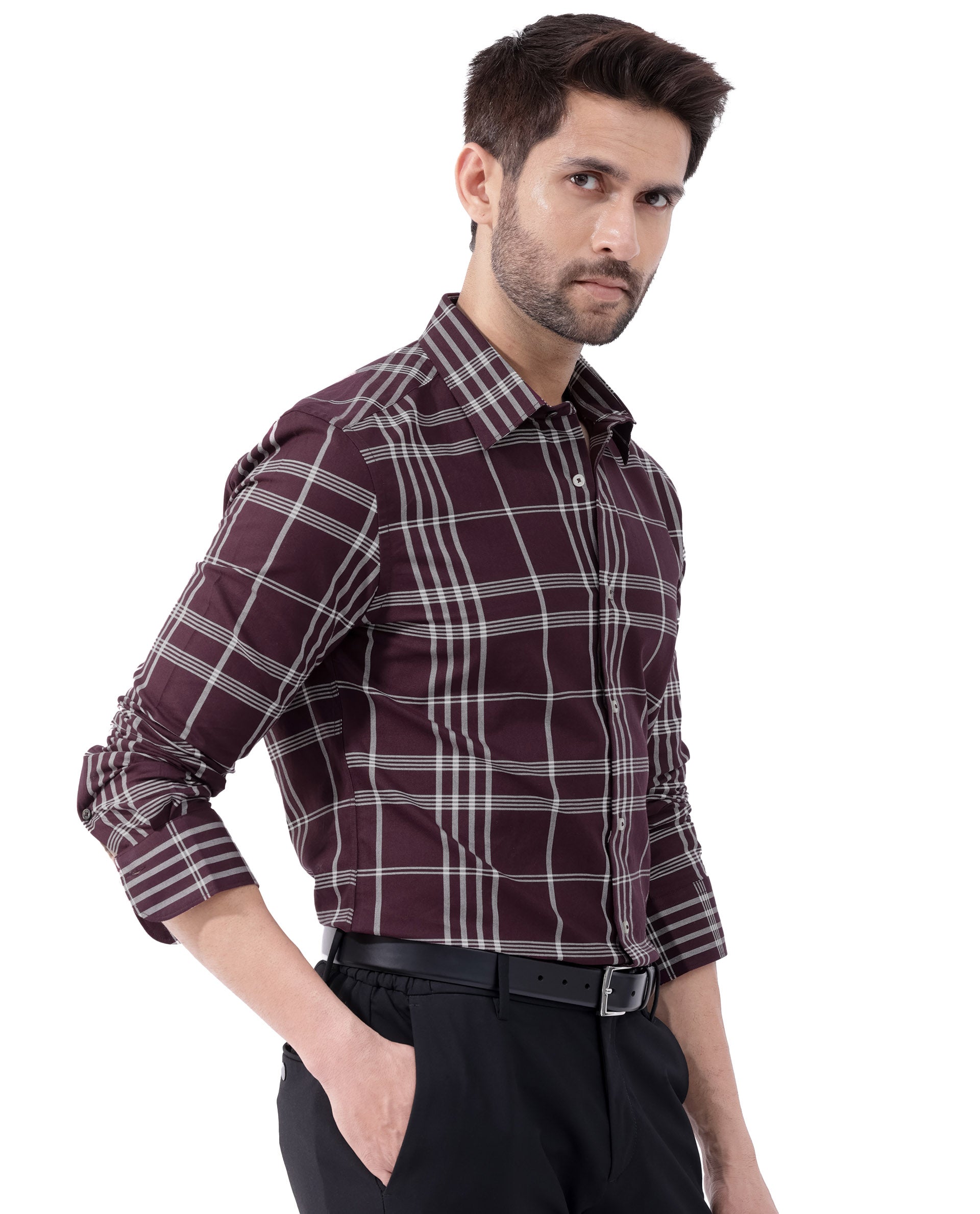 Rare Rabbit Mens Marvel Dark Maroon Cotton Full Sleeve Checks Shirt