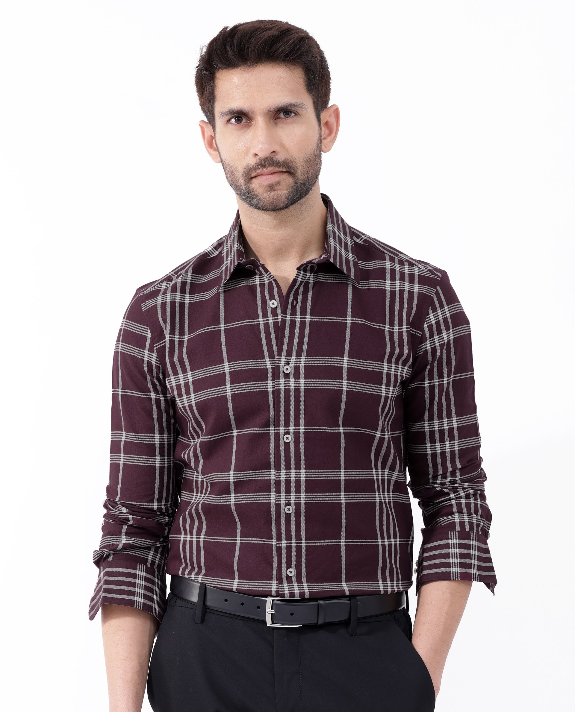 Rare Rabbit Mens Marvel Dark Maroon Cotton Full Sleeve Checks Shirt