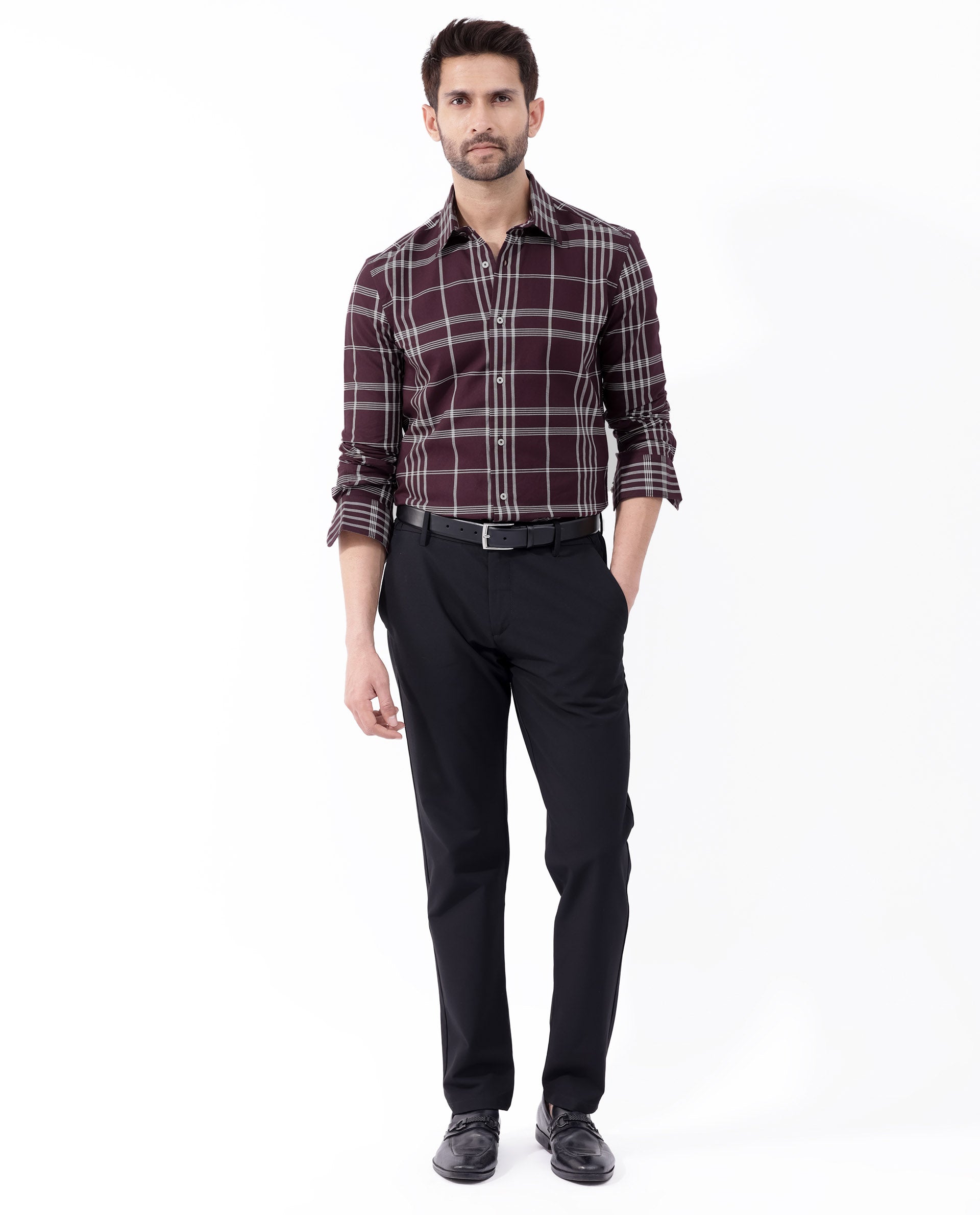 Rare Rabbit Mens Marvel Dark Maroon Cotton Full Sleeve Checks Shirt