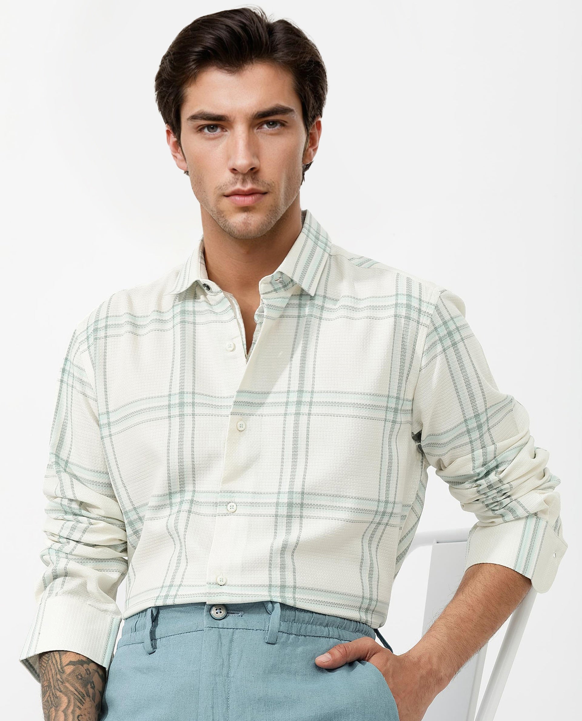 Rare Rabbit Mens Marvon Pastel Off White Cotton Fabric Full Sleeve Regular Fit Windowpane nChecks Shirt