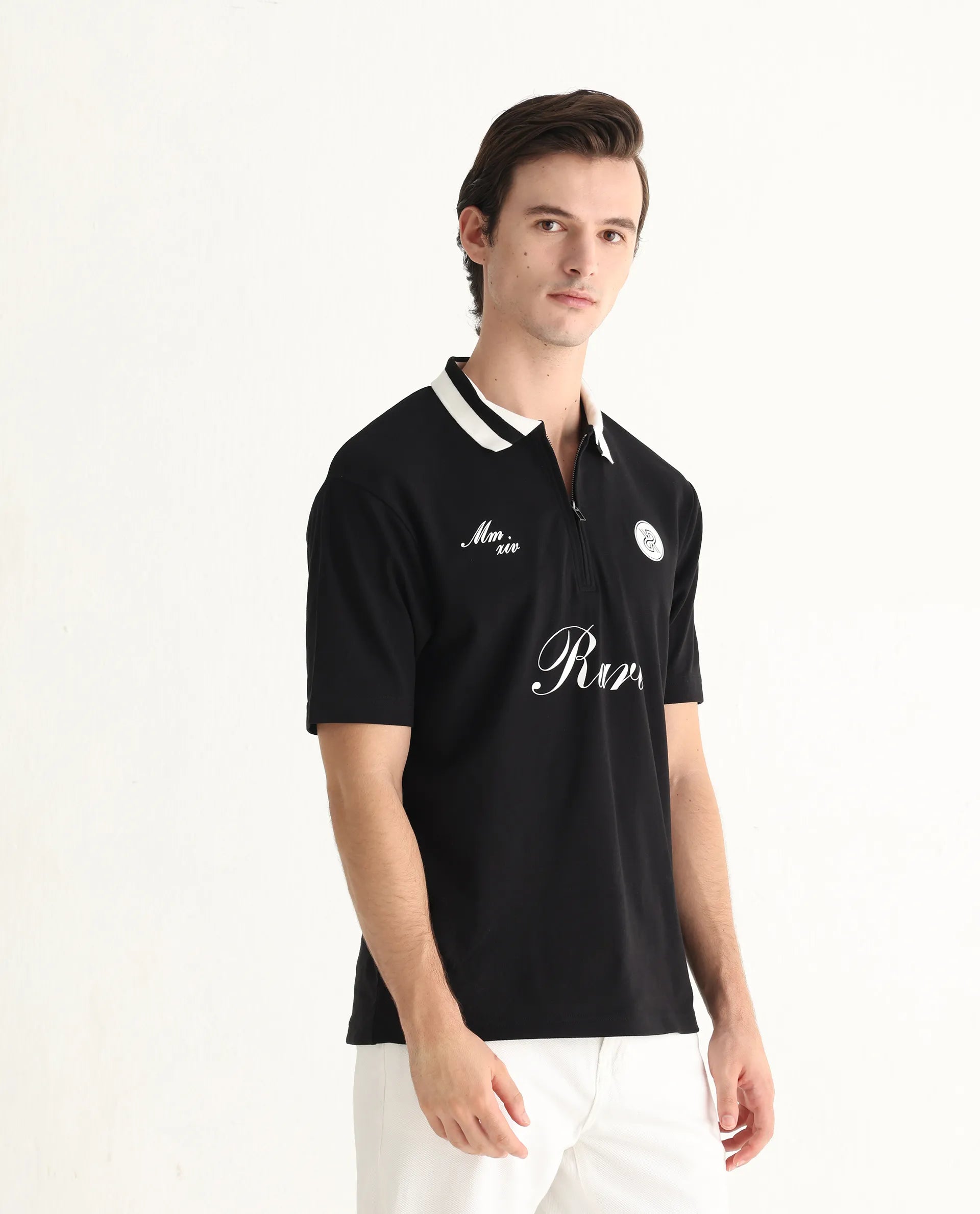 Rare Rabbit Men's Mateo Black Cotton Blend Embroidered Relaxed Fit Half Sleeve Polo