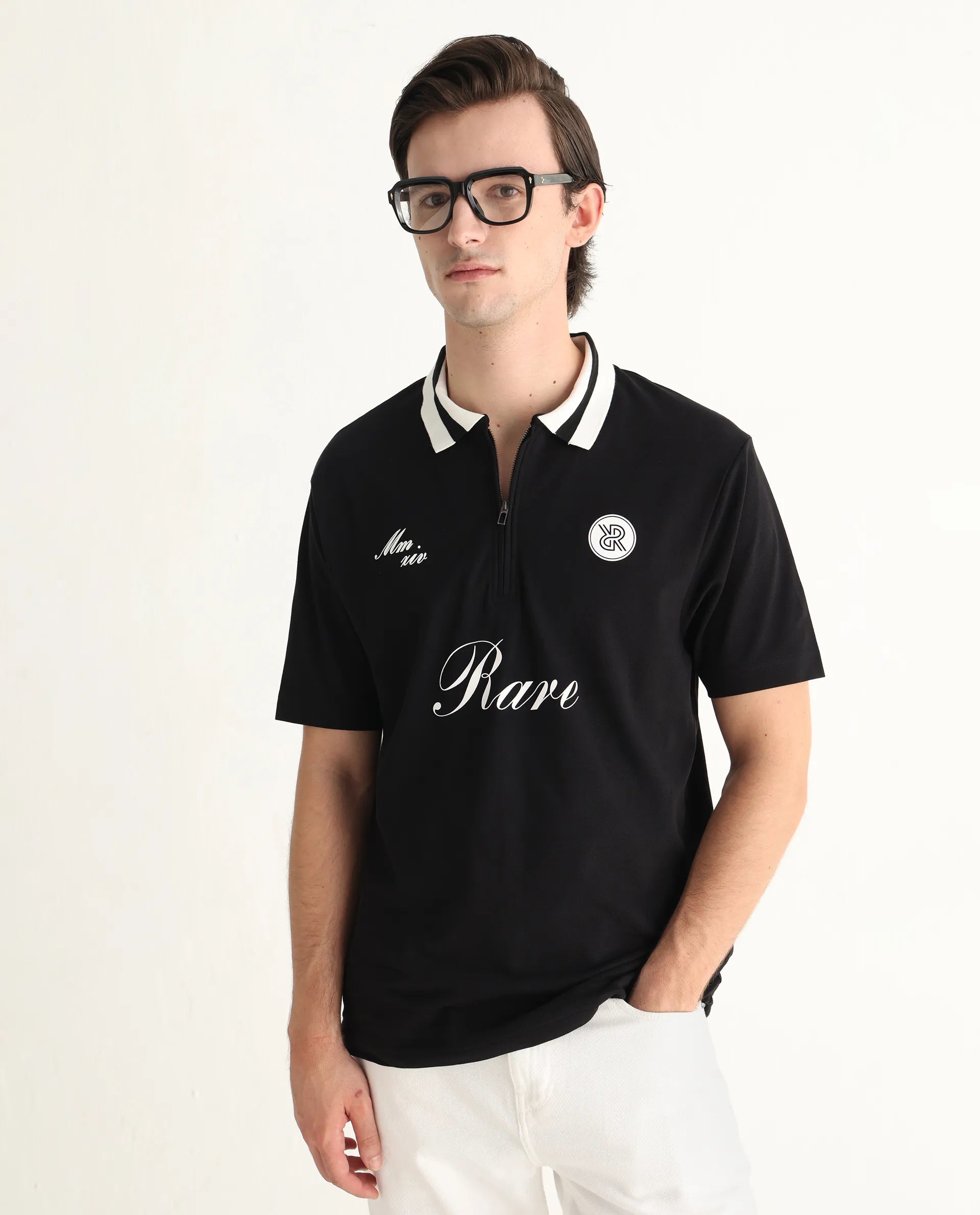 Rare Rabbit Men's Mateo Black Cotton Blend Embroidered Relaxed Fit Half Sleeve Polo