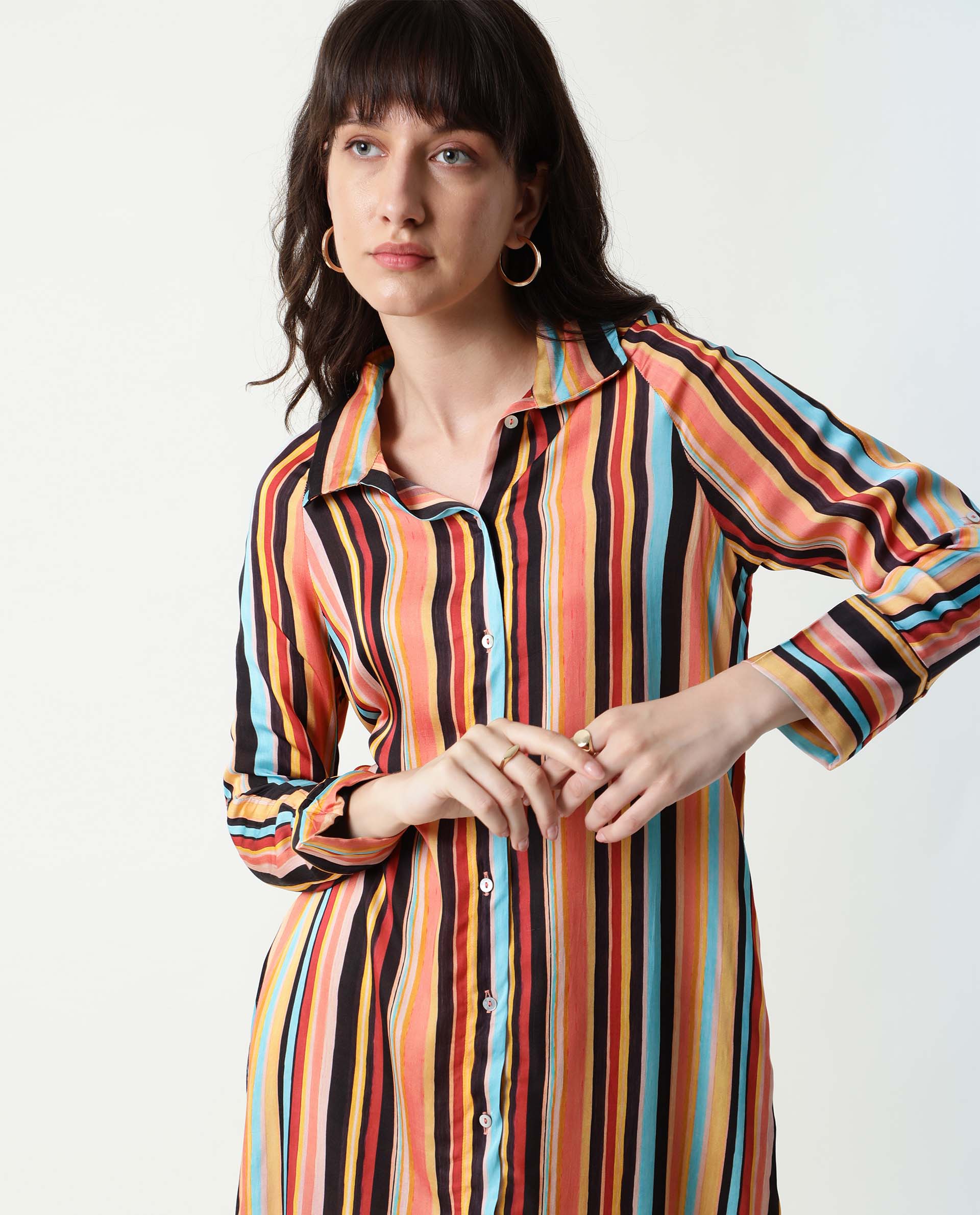 Rareism Women Mathers Brown Striped Shirt Collar Full Sleeves Cuff Full Front Button Placket Pockets Side Slit Midi Dress