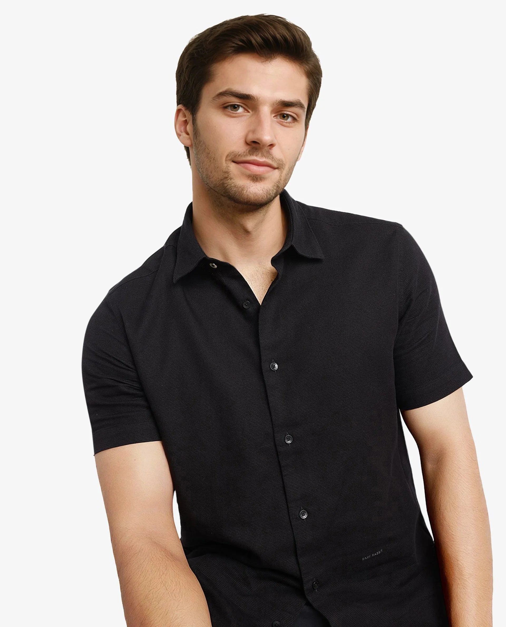 Rare Rabbit Men's Matto-1 Black Cotton Fabric Short Sleeve Regular Fit Self Stripe Dobby Shirt