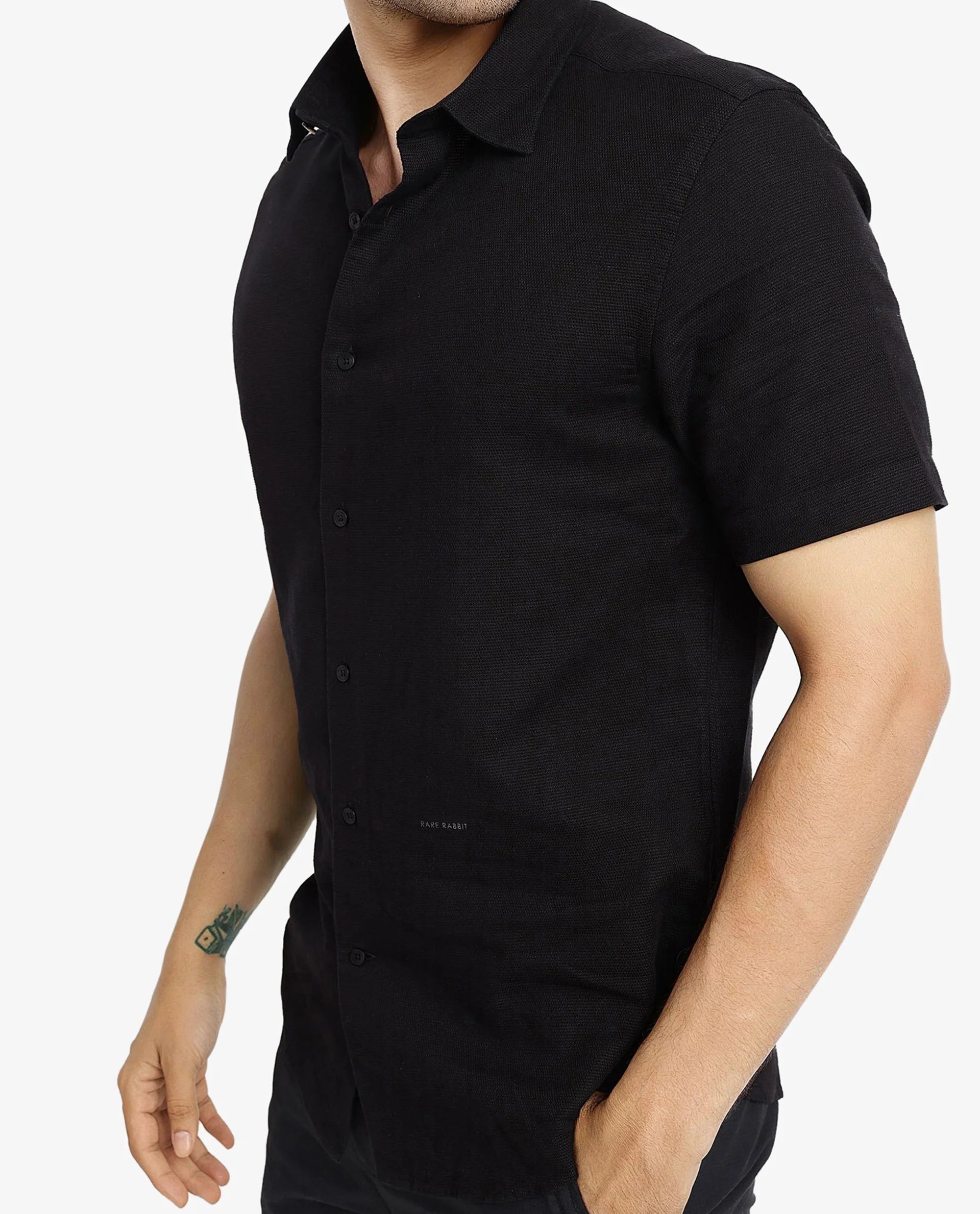 Rare Rabbit Men's Matto-1 Black Cotton Fabric Short Sleeve Regular Fit Self Stripe Dobby Shirt