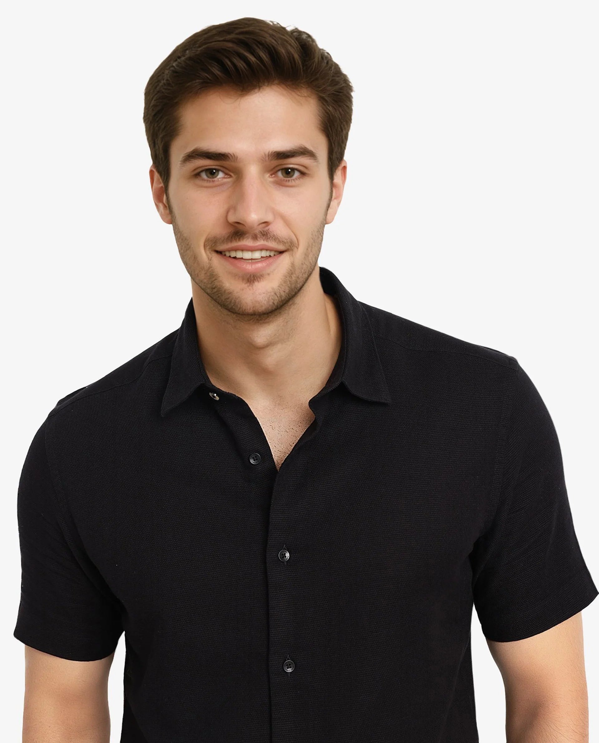 Rare Rabbit Men's Matto-1 Black Cotton Fabric Short Sleeve Regular Fit Self Stripe Dobby Shirt