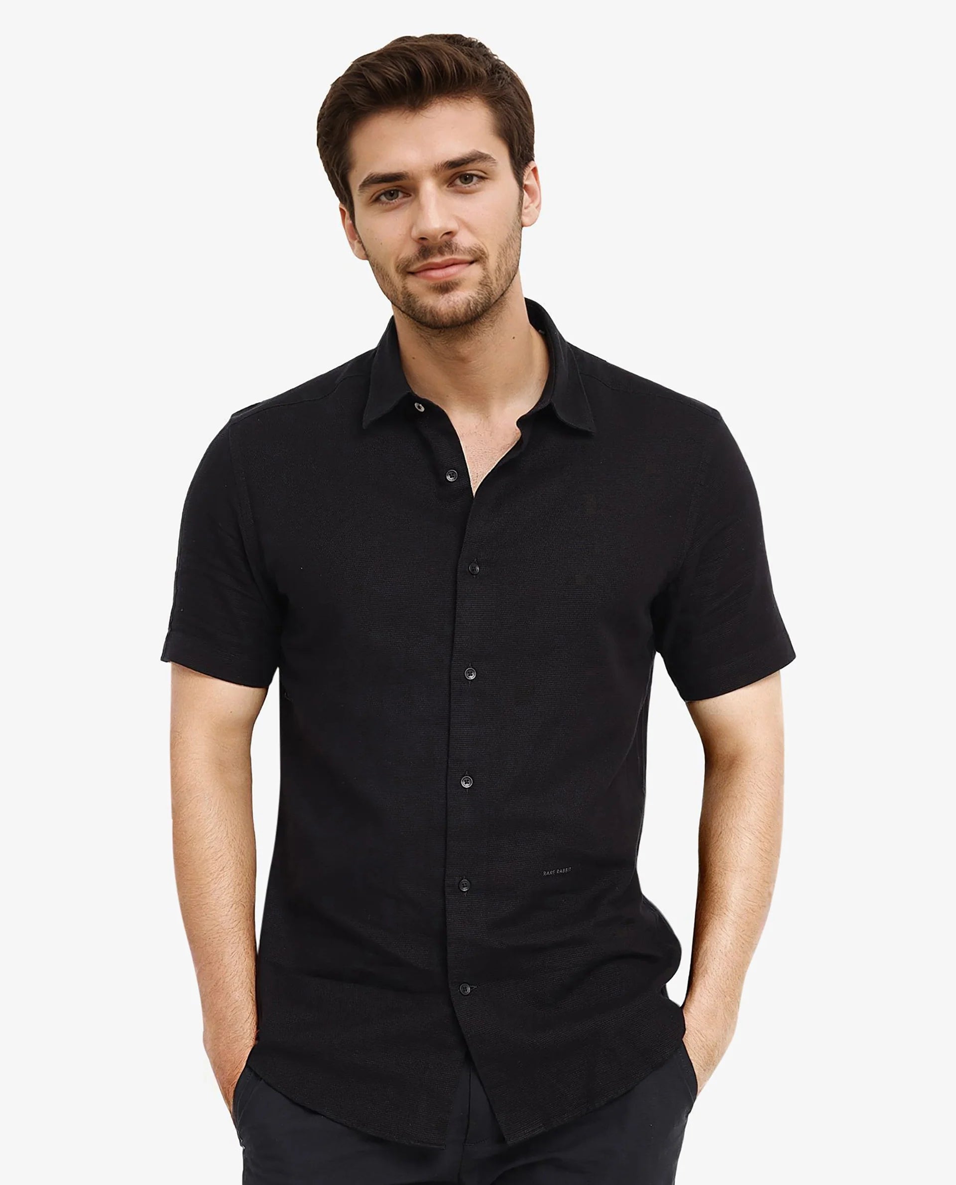 Rare Rabbit Men's Matto-1 Black Cotton Fabric Short Sleeve Regular Fit Self Stripe Dobby Shirt