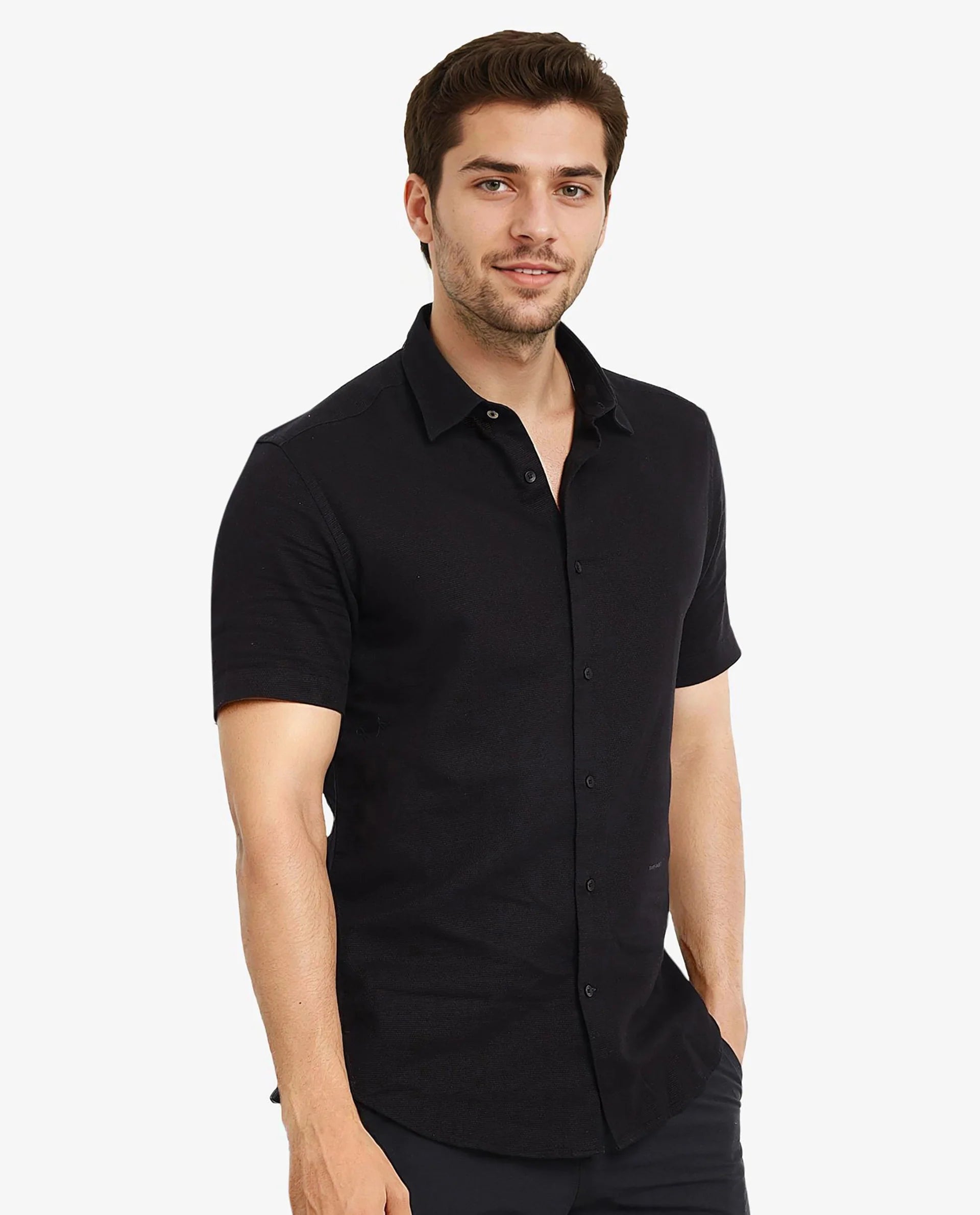 Rare Rabbit Men's Matto-1 Black Cotton Fabric Short Sleeve Regular Fit Self Stripe Dobby Shirt