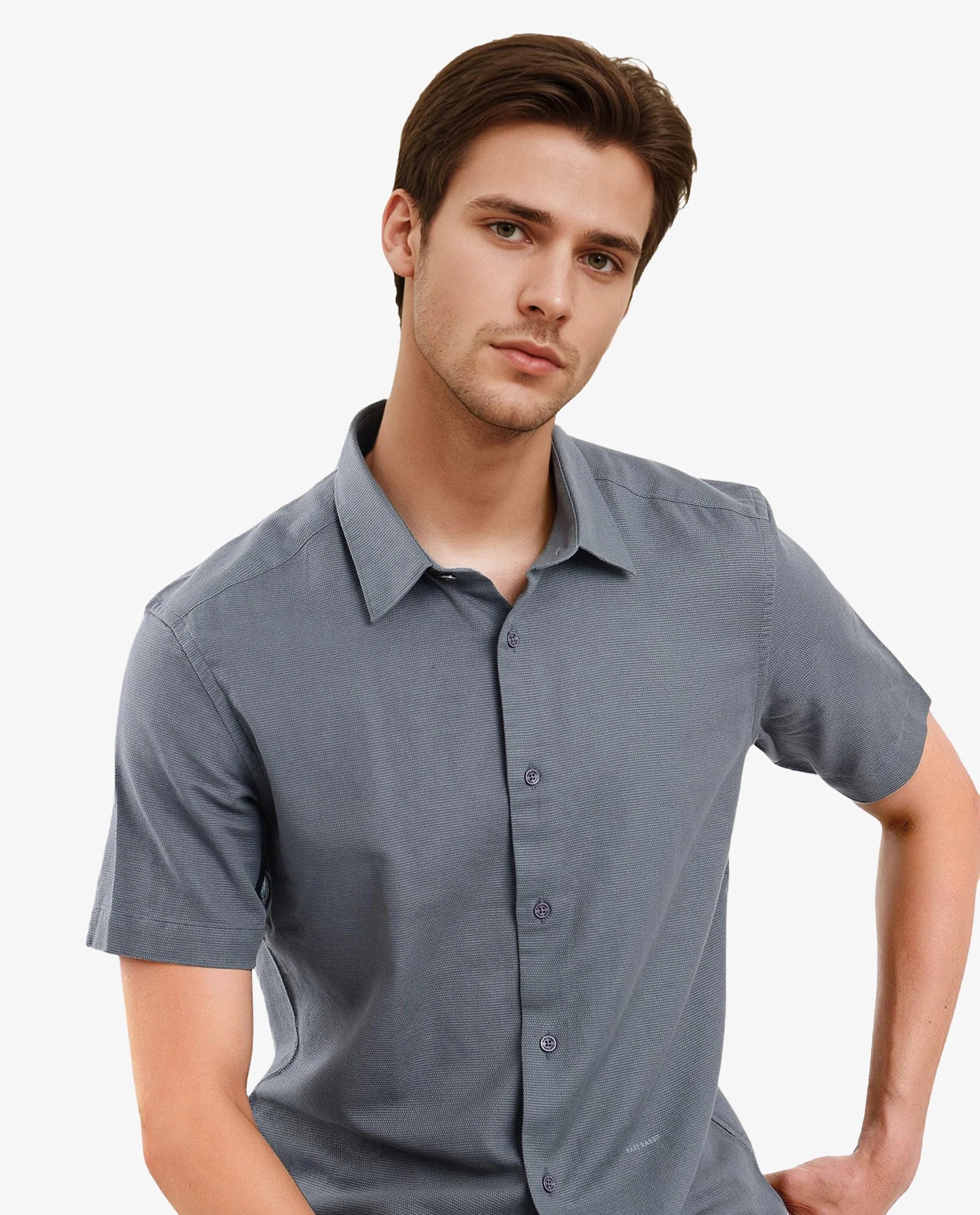 Rare Rabbit Men Matto-1 Dusky Petrol Cotton Fabric Short Sleeve Regular Fit Self Stripe Dobby Shirt