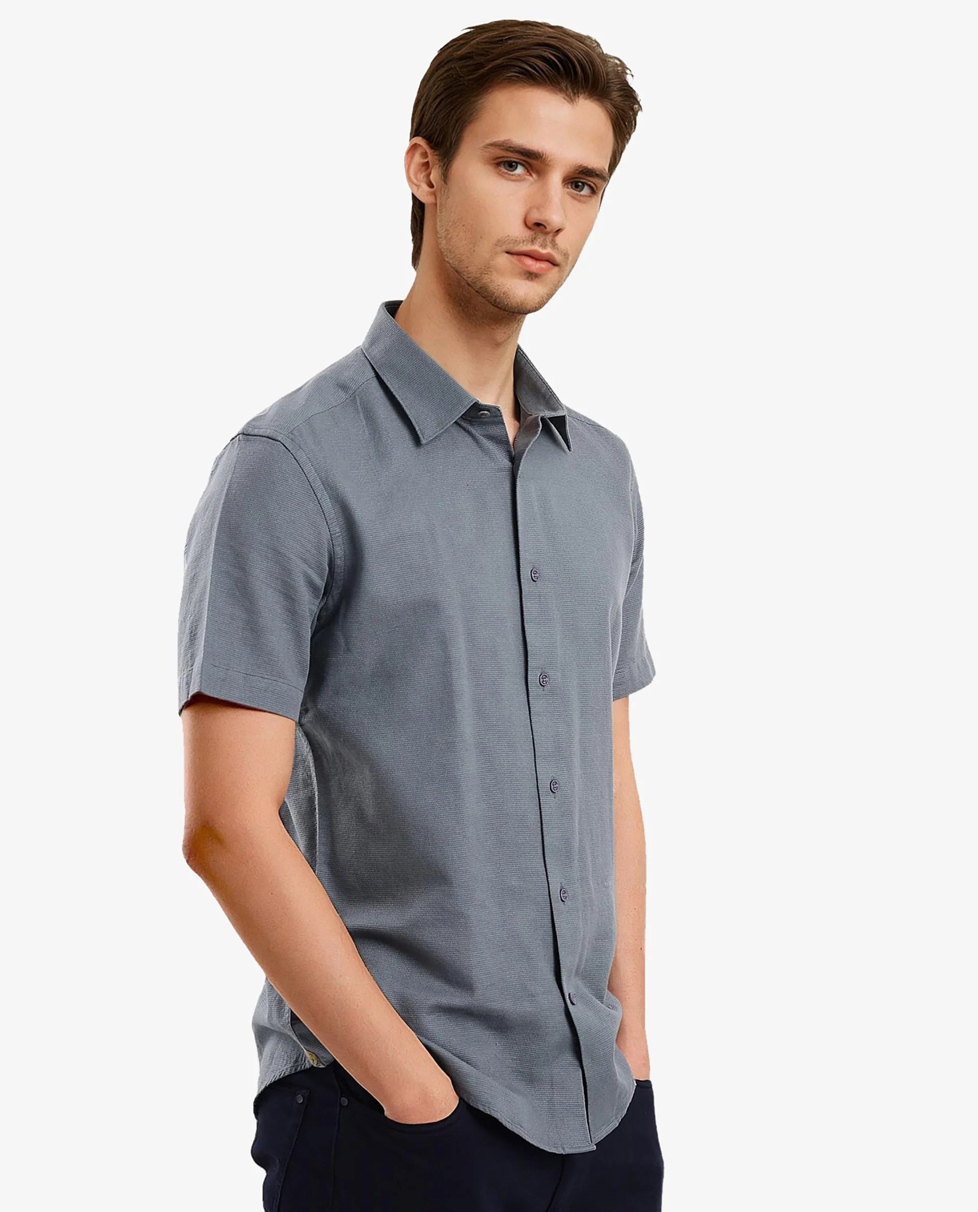 Rare Rabbit Men Matto-1 Dusky Petrol Cotton Fabric Short Sleeve Regular Fit Self Stripe Dobby Shirt