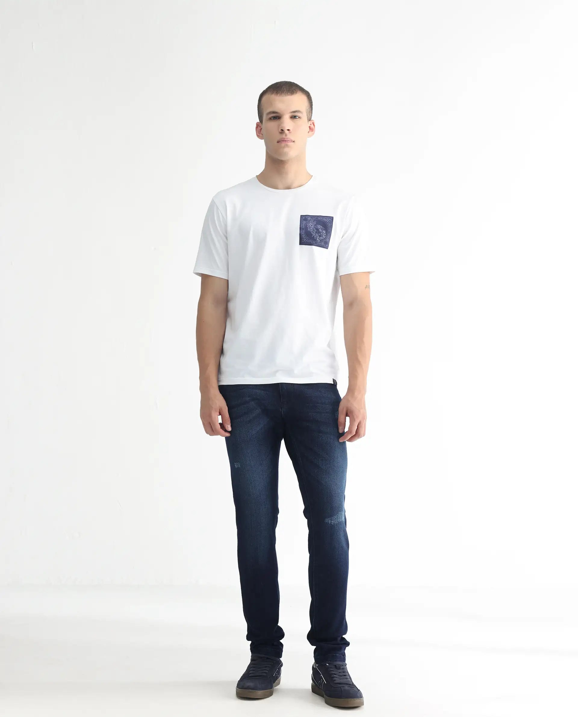 Rare Rabbit Men's Movado Blue Cotton Plain Hawk Slim Fit Jeans