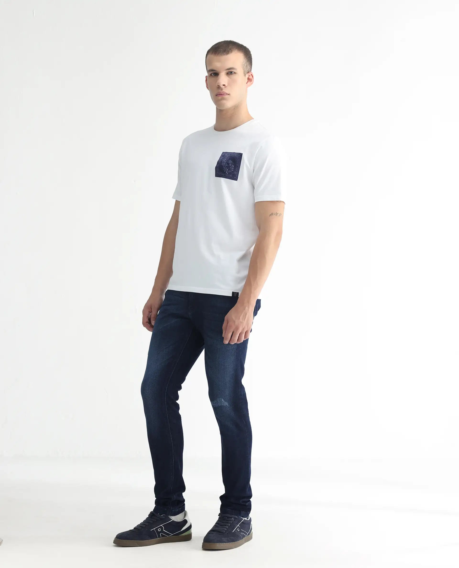 Rare Rabbit Men's Movado Blue Cotton Plain Hawk Slim Fit Jeans