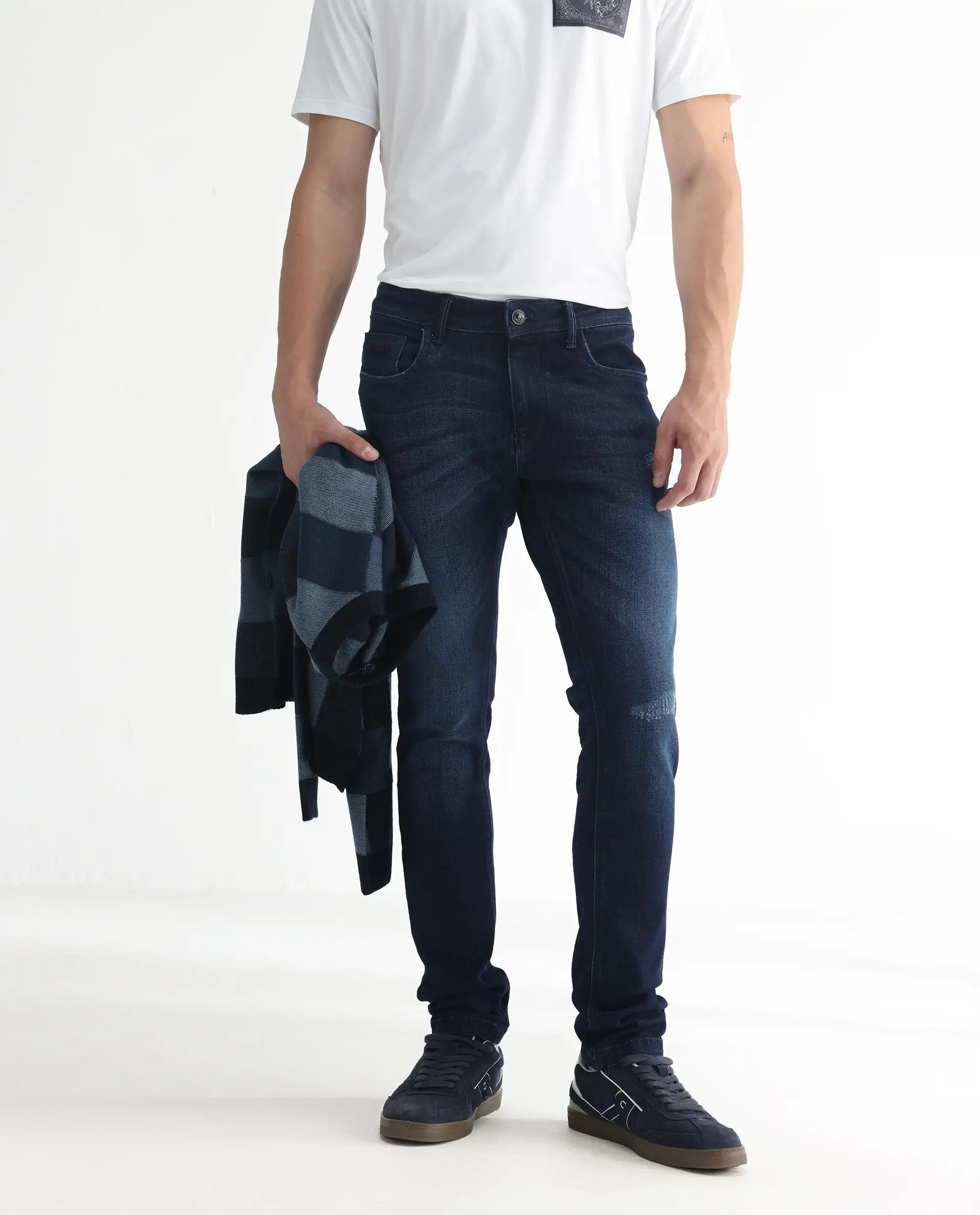 Rare Rabbit Men's Movado Blue Cotton Plain Hawk Slim Fit Jeans