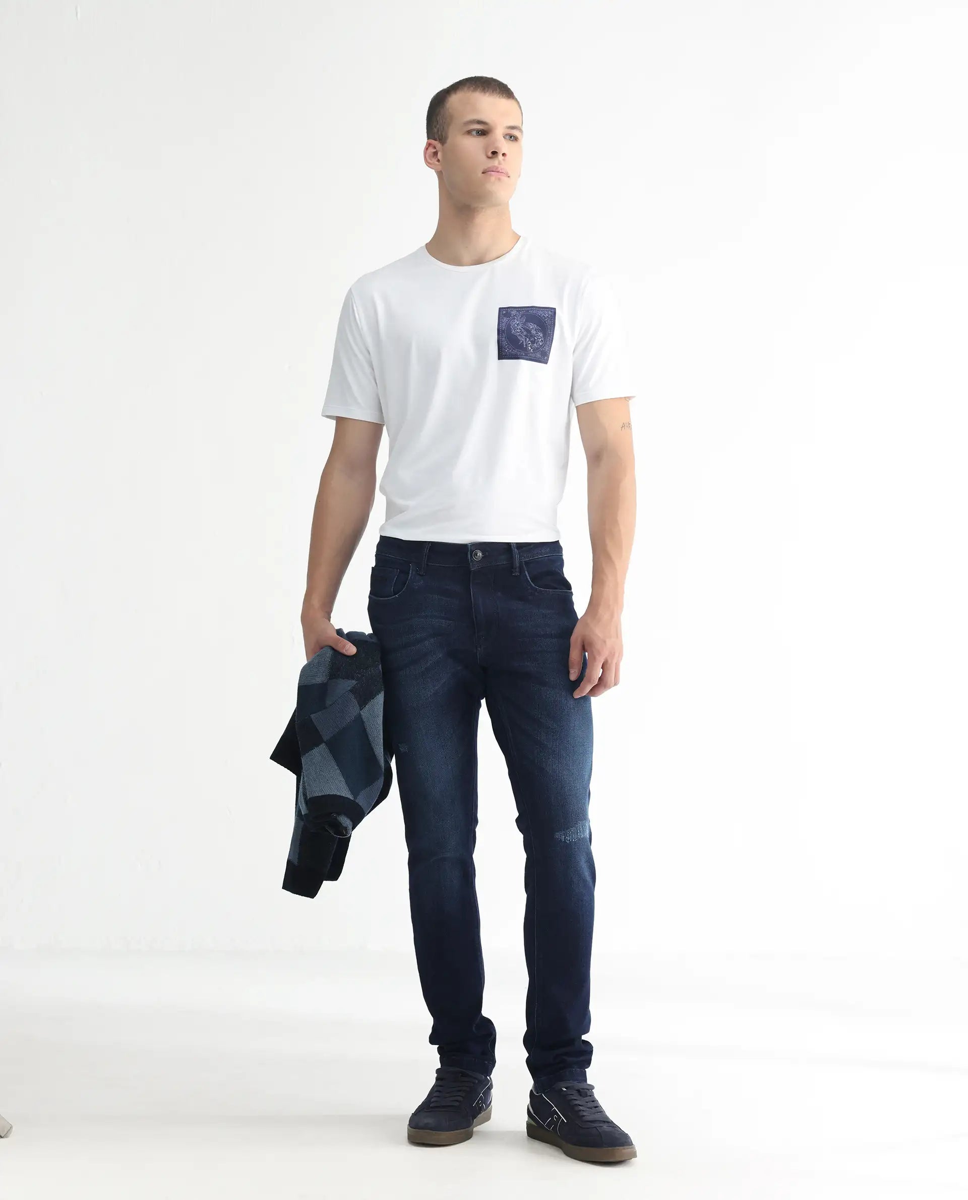 Rare Rabbit Men's Movado Blue Cotton Plain Hawk Slim Fit Jeans