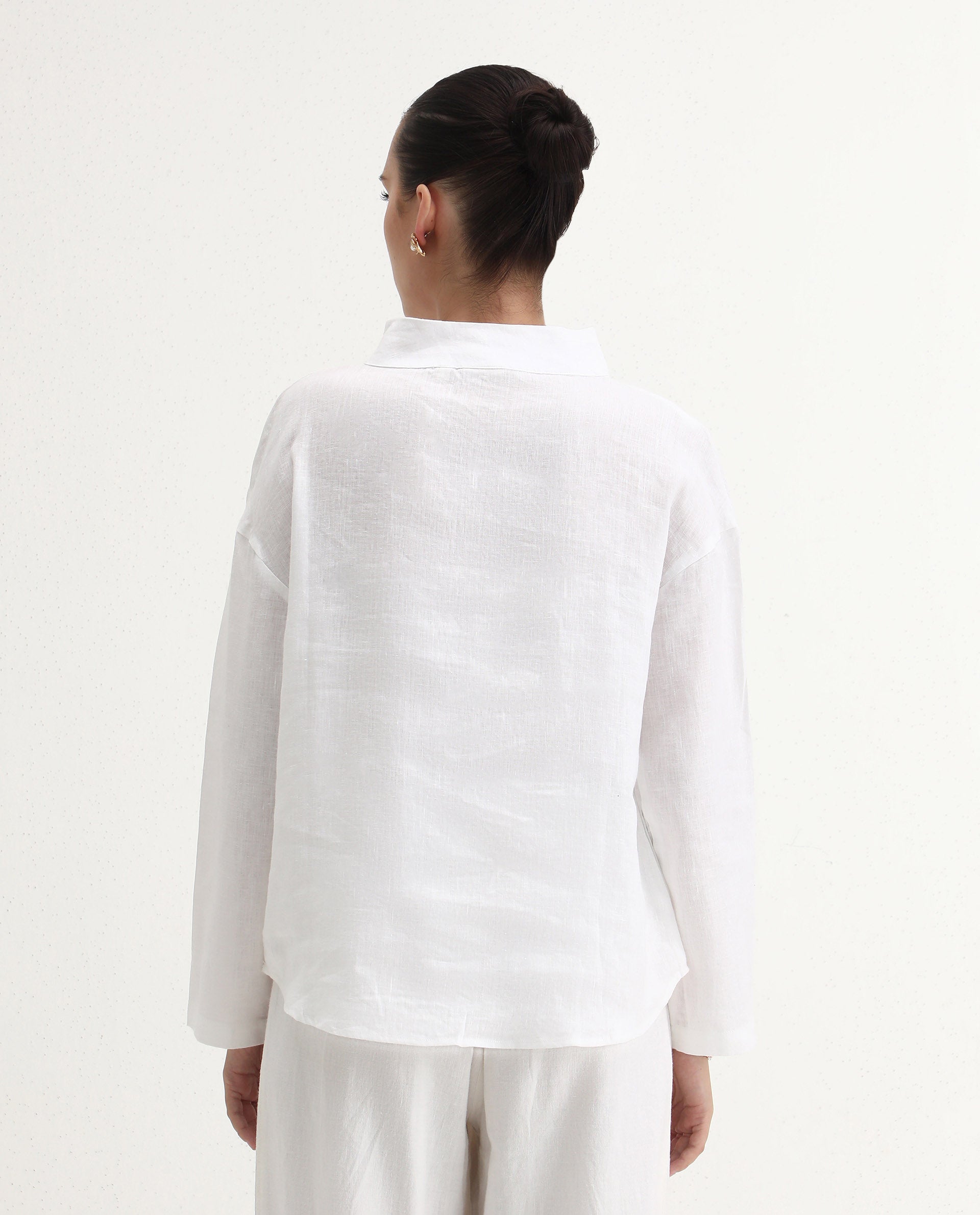 Rareism Women's Mayotte White Linen Mandarin Collar Plain Relaxed Fit Top