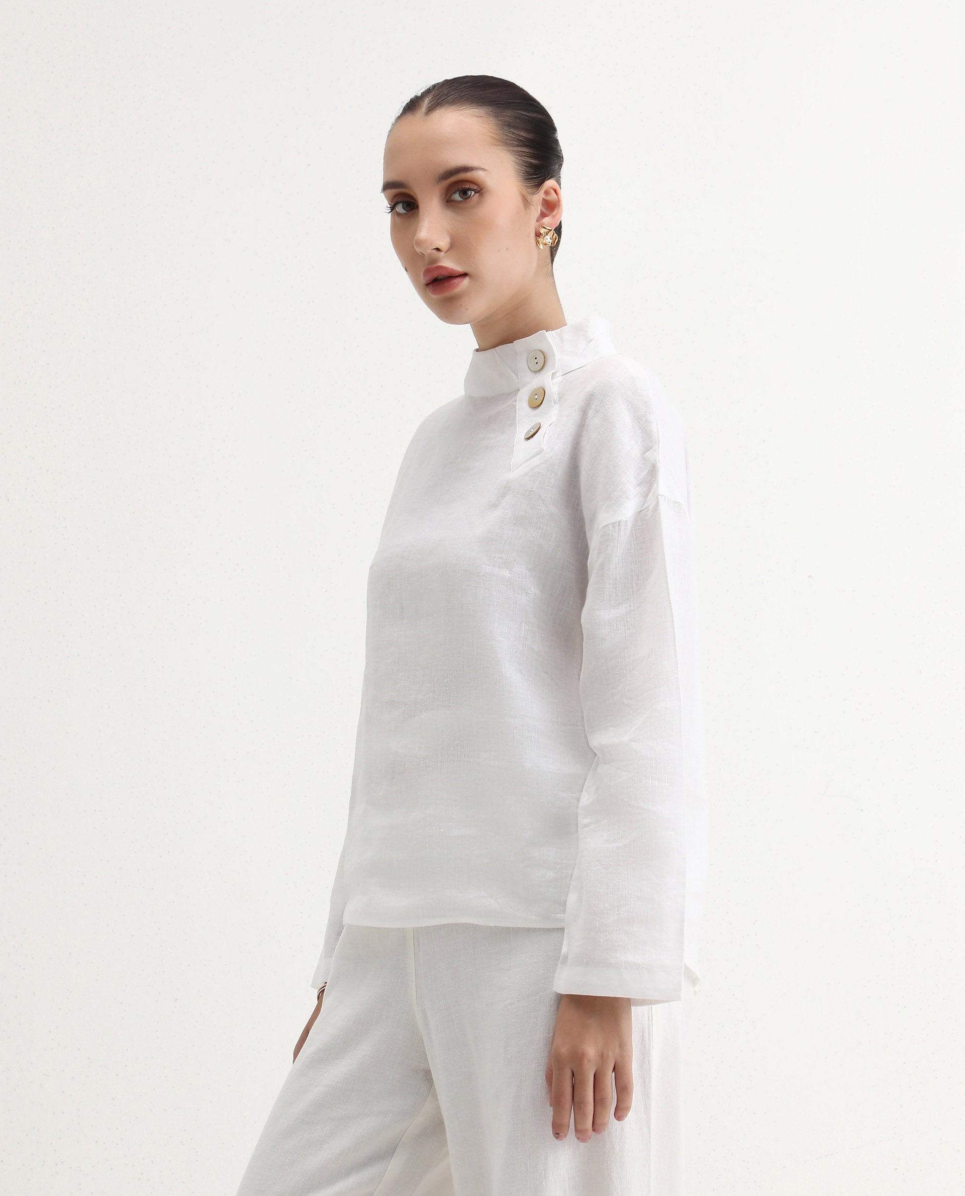 Rareism Women's Mayotte White Linen Mandarin Collar Plain Relaxed Fit Top